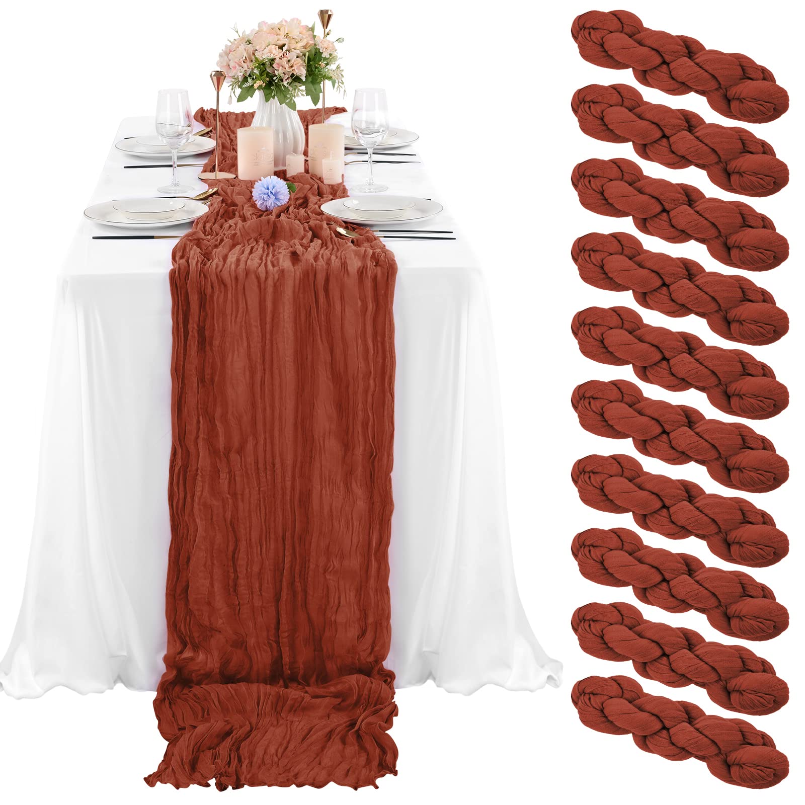 10 Pcs Terracotta Cheesecloth Table Runner 10Ft, Gauze Table Runner For Wedding Reception Sheer Bridal Shower Birthday Party Boh