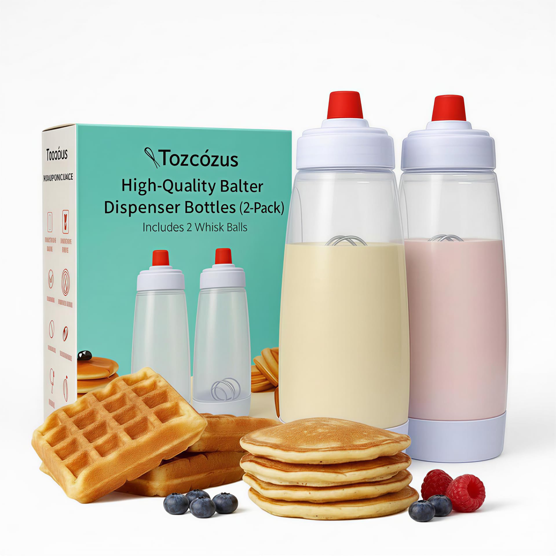 TOZCOZUS Pancake Batter Dispenser & Mixer/Shaker Bottles, 2-Pack (1000mL Each) - Whisk Ball, No-Drip Silicone Tip, Leakproof, Di