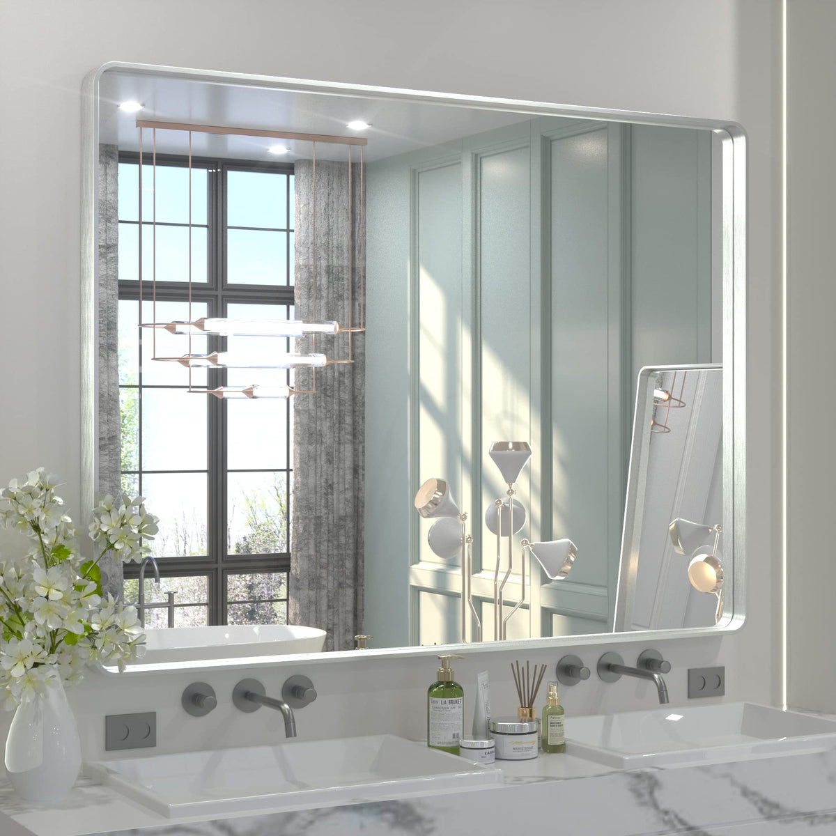 Tetote 48 X 36 Inch Silver Mirrors For Bathroom, Brushed Nickel Framed Rectangular Modern Farmhouse Large Vanity Mirror For Wall