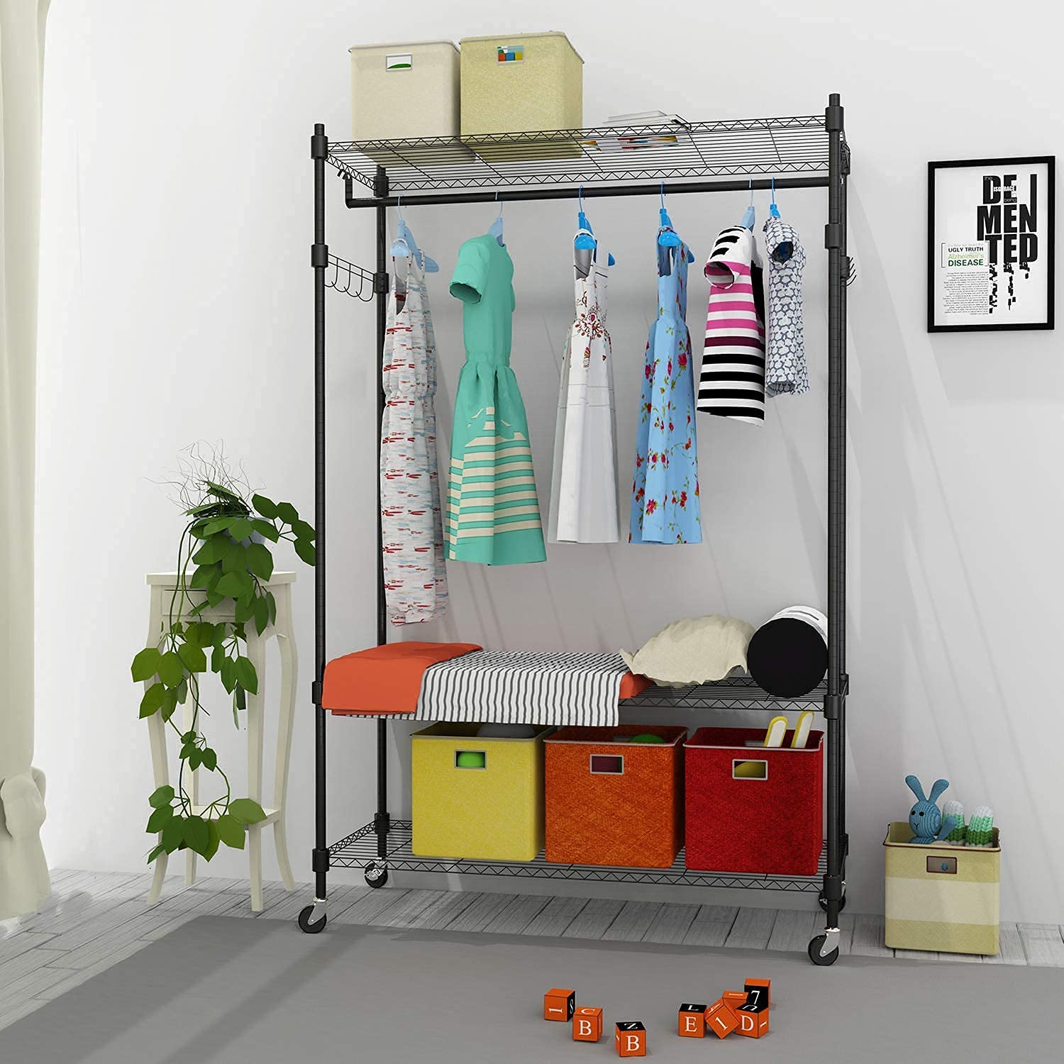 Rolling Garment Rack with Adjustable Wire Shelf  3 Tired Clothes Rack including 1 Clothes Hanging Bar  1 Roating Hanger Hooks - Hold Up to 400Lbs (Black  1Rod 1Hook)