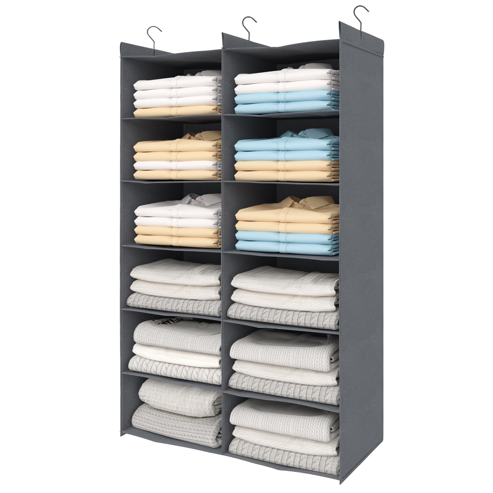 Alltidyup Dual-Row 6 Tier Shelf Hanging Closet Organizer And Storage, 12 Pockets Clothes Storage Shelves With 3 Sturdy Hooks For