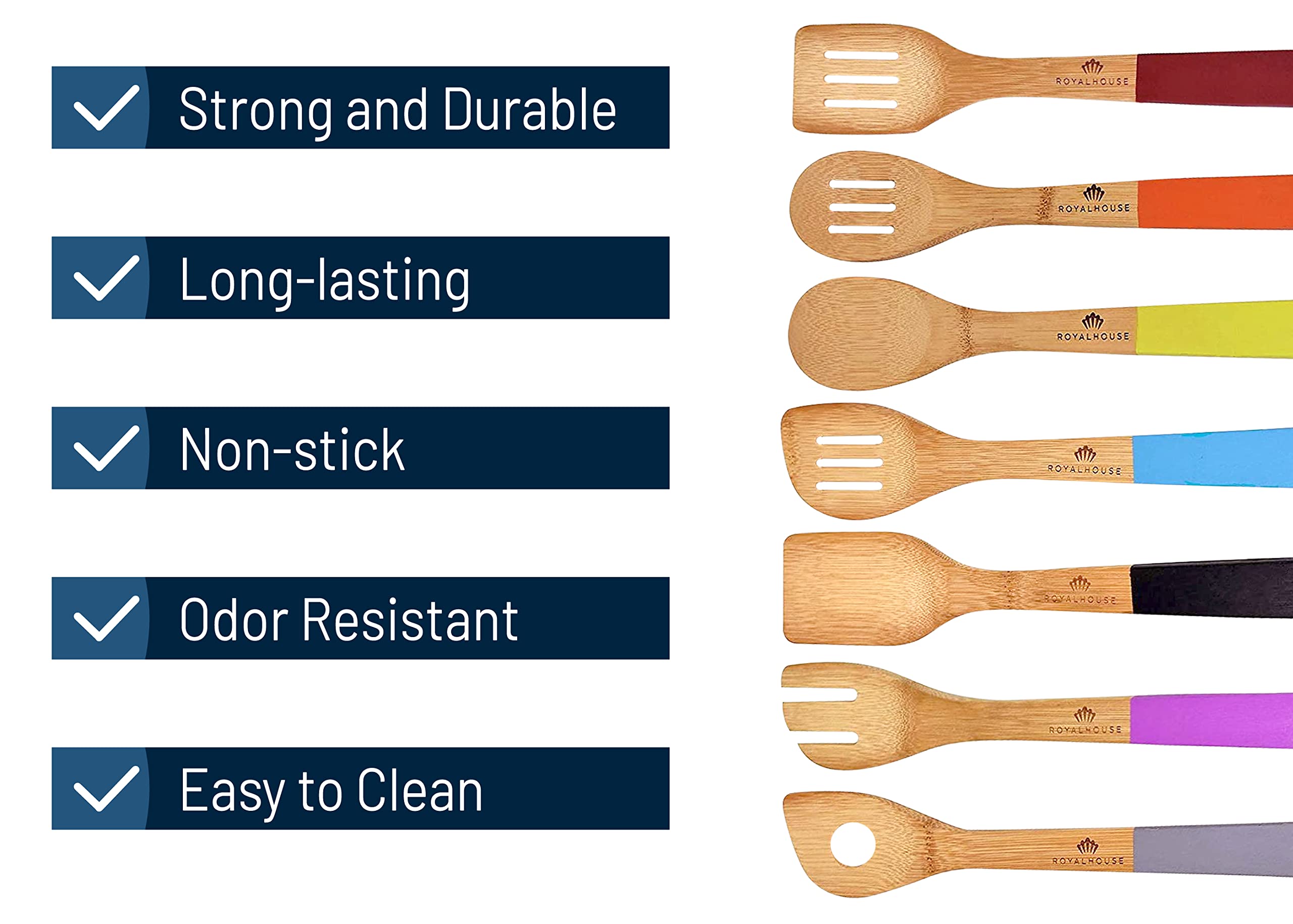 Royalhouse Wooden Kitchen Utensils Set, 7 Piece Bamboo Cooking Tools, Cooking Spoons And Spatulas With Colored Handles, Non-Stic