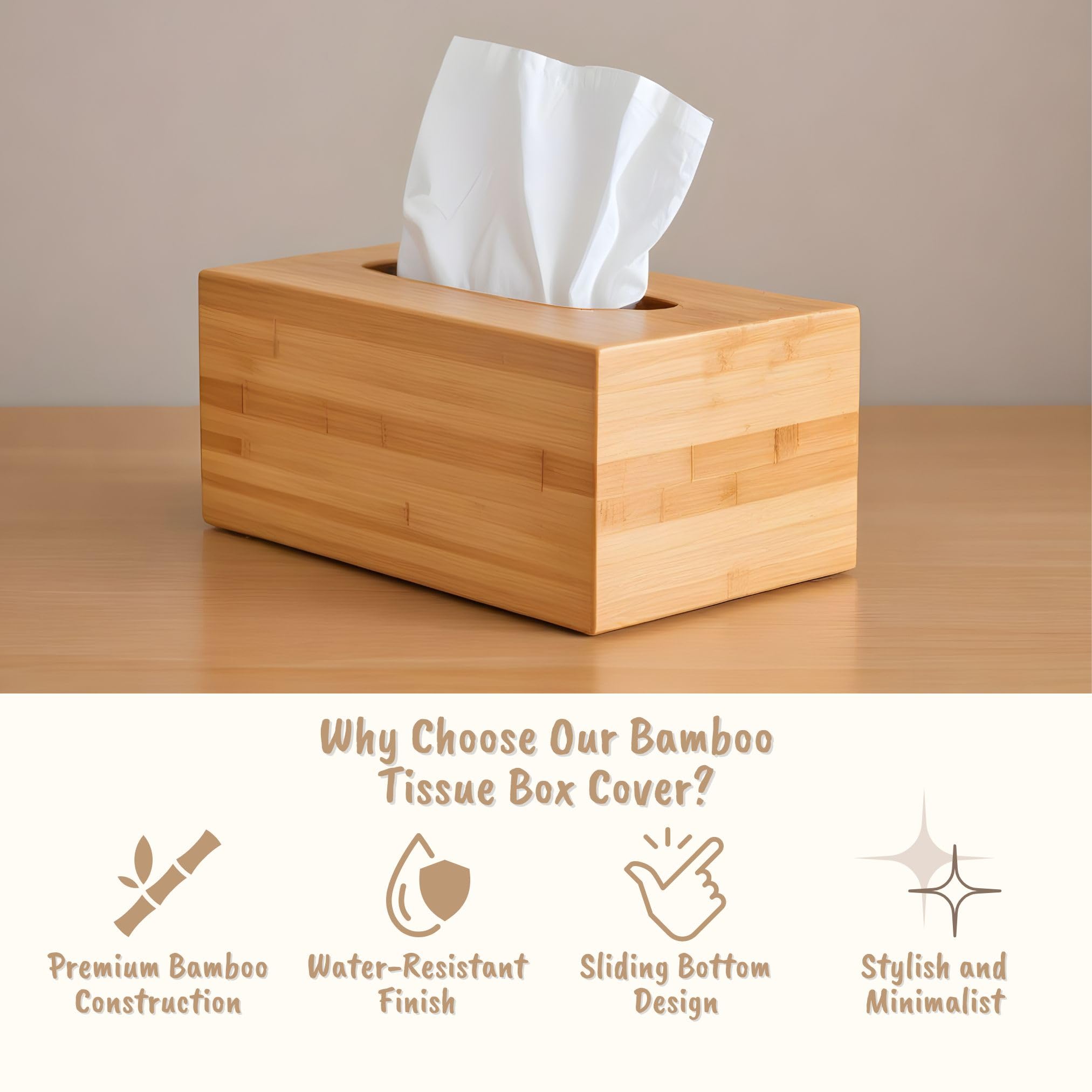 Performore Bamboo Tissue Box Cover - Water-Resistant Wooden Holder - 27x15.5x11.5 cm - Brown - Model OLTISSUEBX1