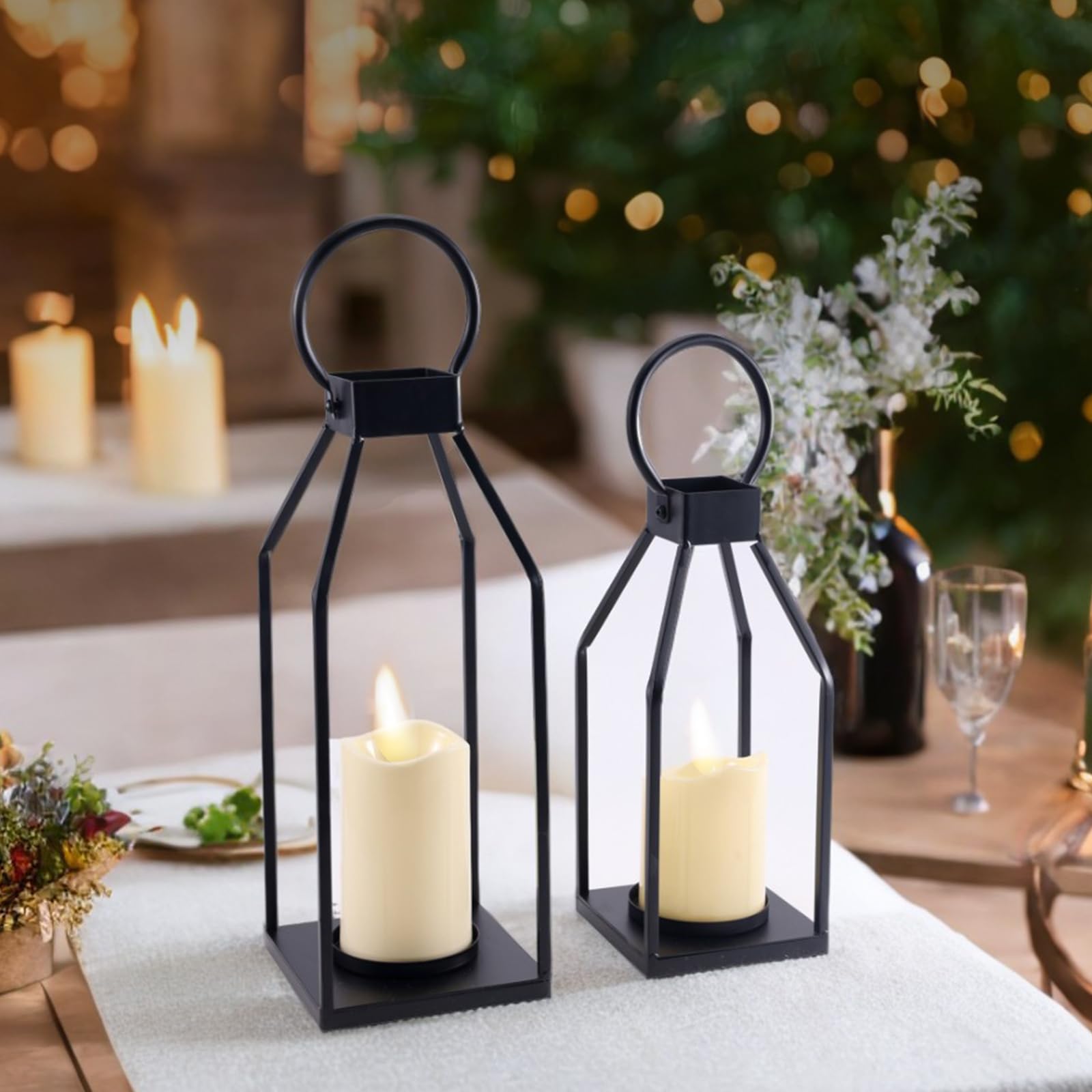 PHOSPHOR Modern Farmhouse Decor Lanterrn Set of 2 Black Metal Candle Holder for Indoor Outdoor Lanterns with Candles for Living