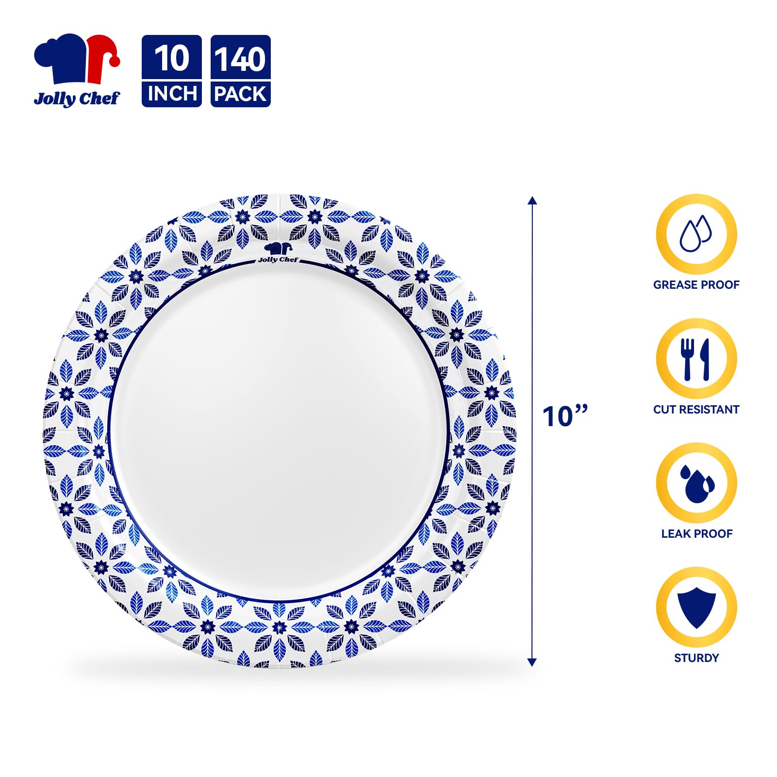 JOLLY CHEF 10 inch Disposable Paper Plates 140 Count  Soak Proof  Cut Proof  Microwave Safe Heavy Duty Paper Plates for Everyday Use