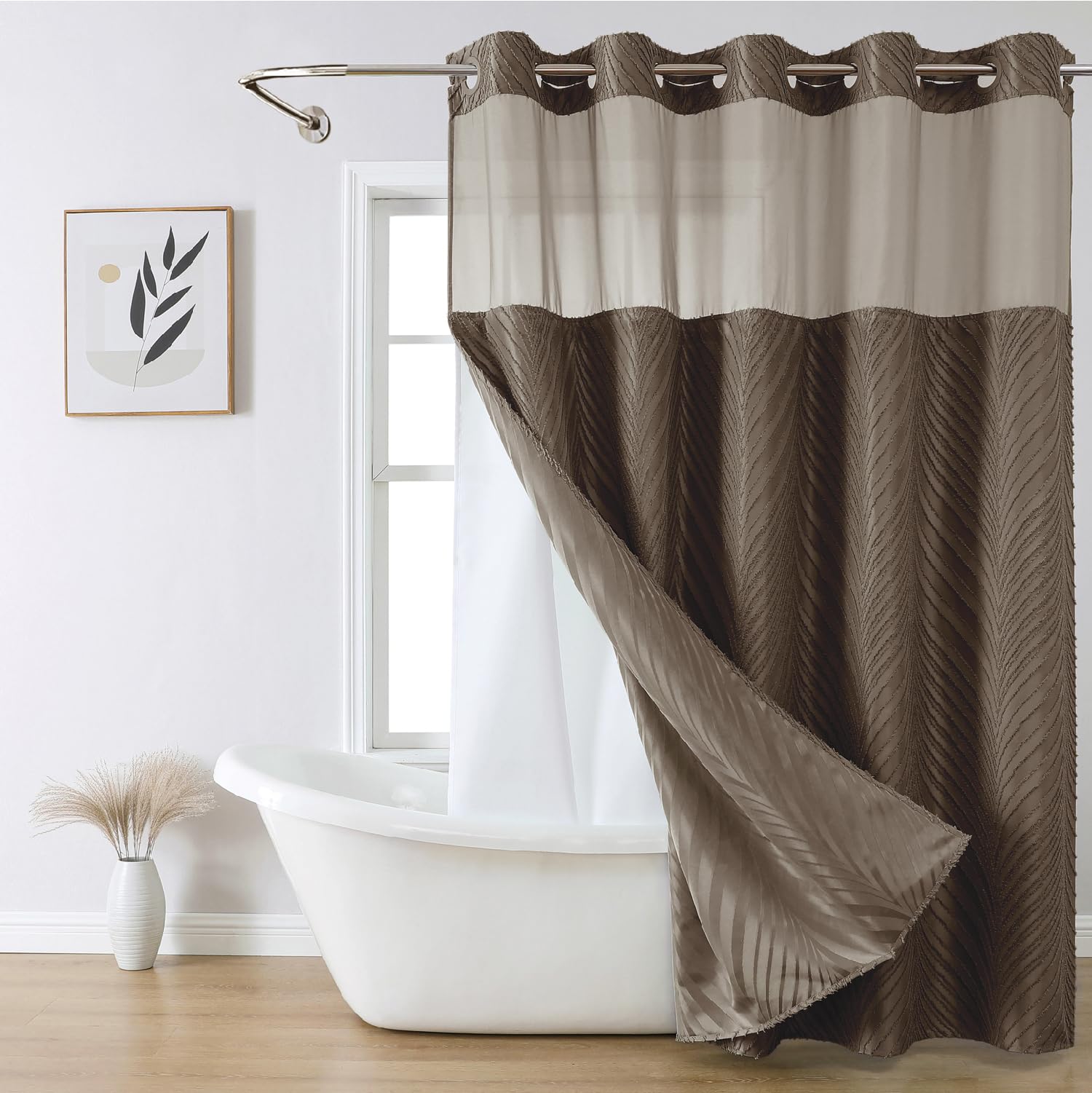 Eachope No Hook Shower Curtain And Liner Set,Boho Style With See Through Top Window, Brown Fabric Tufted Striped Textured Outer