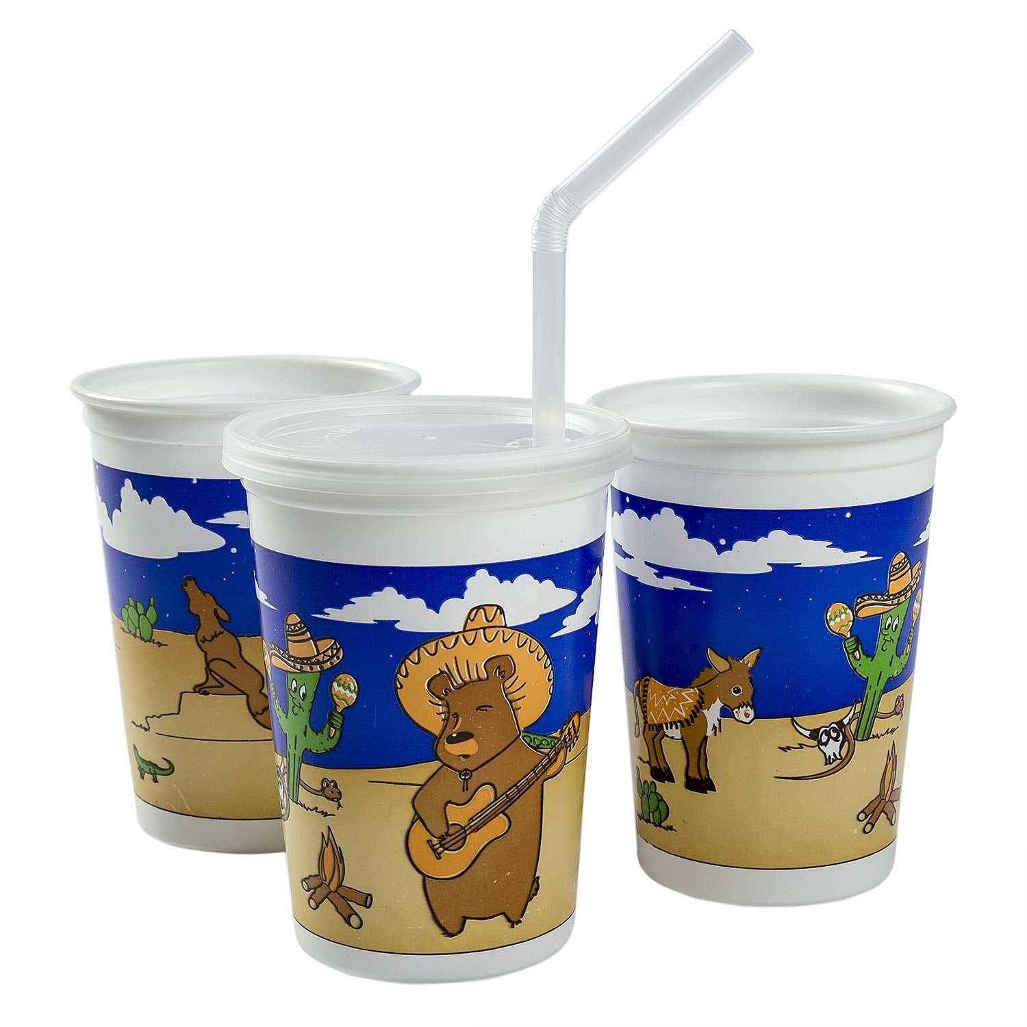 AmerCare 12 Ounce Mexican Theme Thermo Cups with Straws and Lids, Case of 250