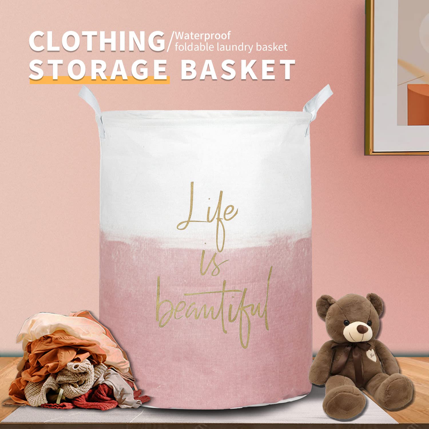 Aouker Merdes 19.7?? Waterproof Foldable Laundry Hamper  Dirty Clothes Laundry Basket  Linen Bin Storage Organizer for Toy Collection(Life Pink)