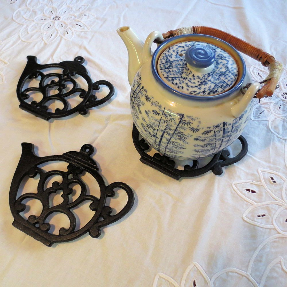 Teapot Cast Iron Trivet For Hot Pots & Kitchen & Dining Table, Gift For Home, Metal Wall Art & Home Decor, 2 Or More For Set, Bl
