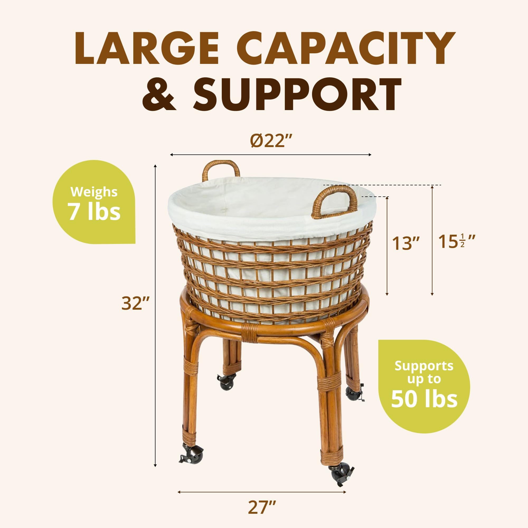 Kouboo Rolling Wicker Laundry Basket, Handwoven Wicker Hamper With Removable Cotton Liner, Stand, & Locking Caster Wheels, Honey