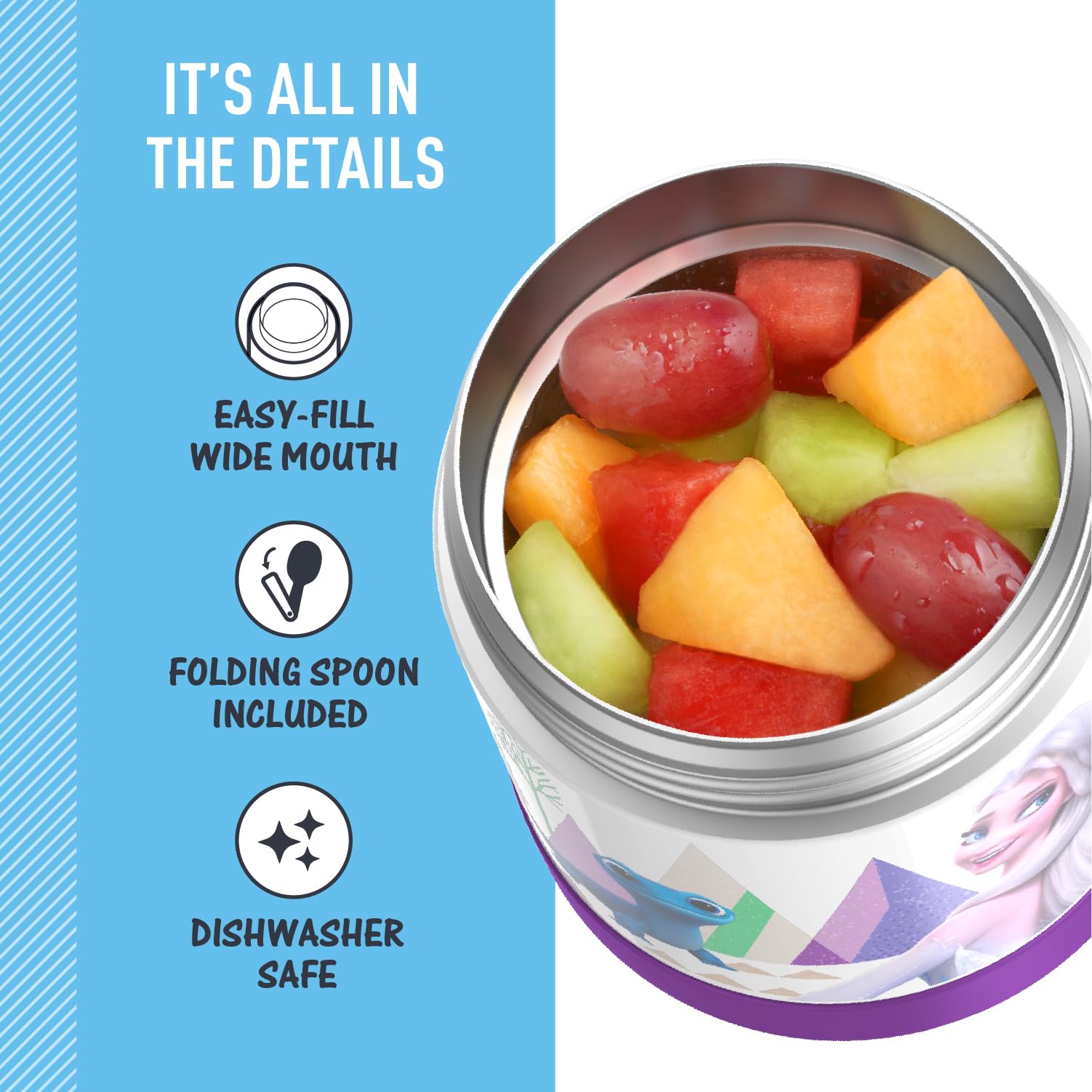 Thermostat Kids Vacuum Insulated Food Jar With Spoon, 10 Ounce, Stainless Steel, Frozen 2