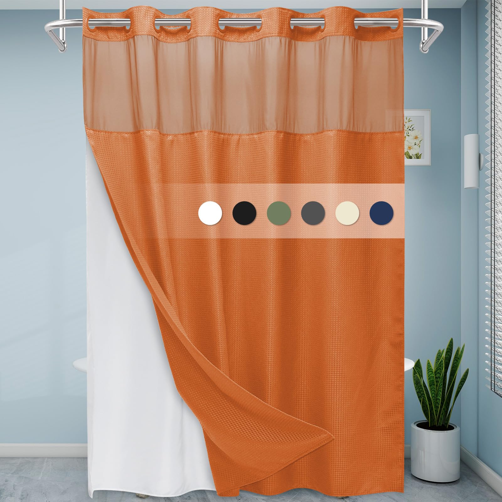 Eutxl Burnt Orange Long No Hook Shower Curtain With Snap In Liner,230Gsm Waffle Weave Shower Curtains For Bathroom,71W X 86H