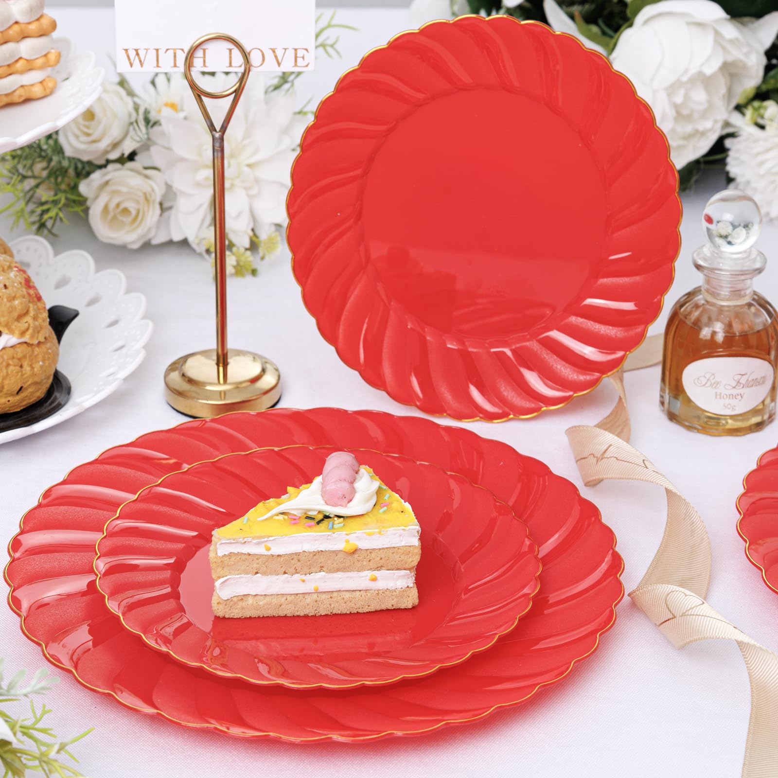 U-Qe 100Pcs Red Plastic Plates - Heavy Duty Valentines Plates Disposable For Party With Gold Rim - Include 50Pcs 9Inch Red Dinne