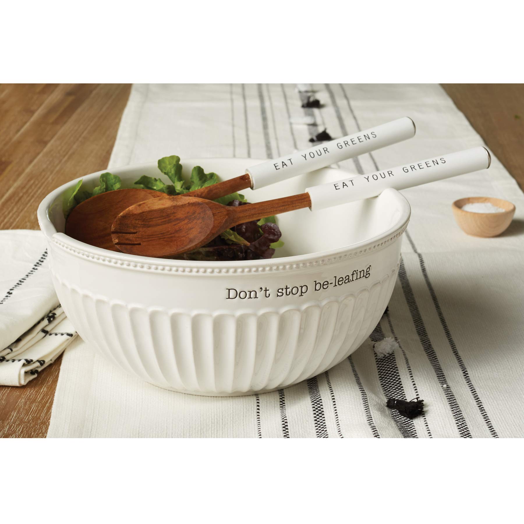 Mud Pie Dolomite, Wood Don'T Stop Be-Leafing Salad Bowl Set, 32 Oz, White, Brown