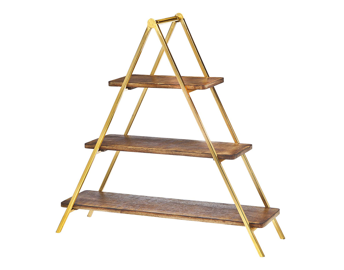 Godinger Serving Tray Appetizer Platter Dessert Fruit Party Display 3 Tier Wood With Gold Metal Stand