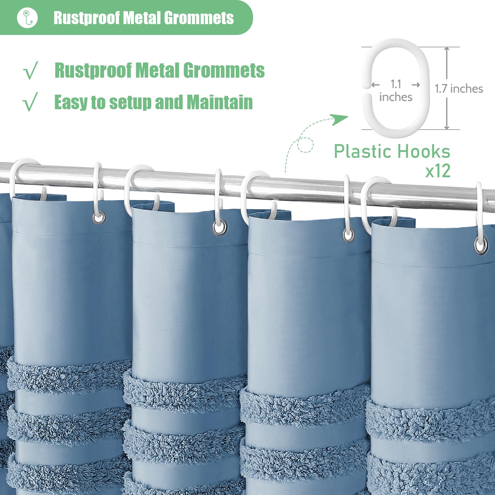 Dynamene Moonlight Blue Fabric Shower Curtain, Tufted Chenille Striped Cloth Shower Curtain For Bathroom, Modern Farmhouse Shabb