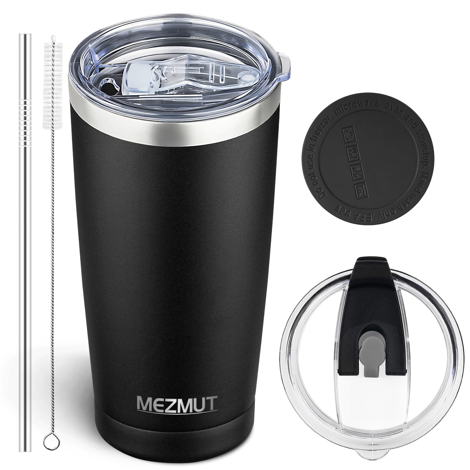 MEZMUT 20oz Insulated Tumbler Cup Travel Coffee Mug with Lid Straw(Black,1)