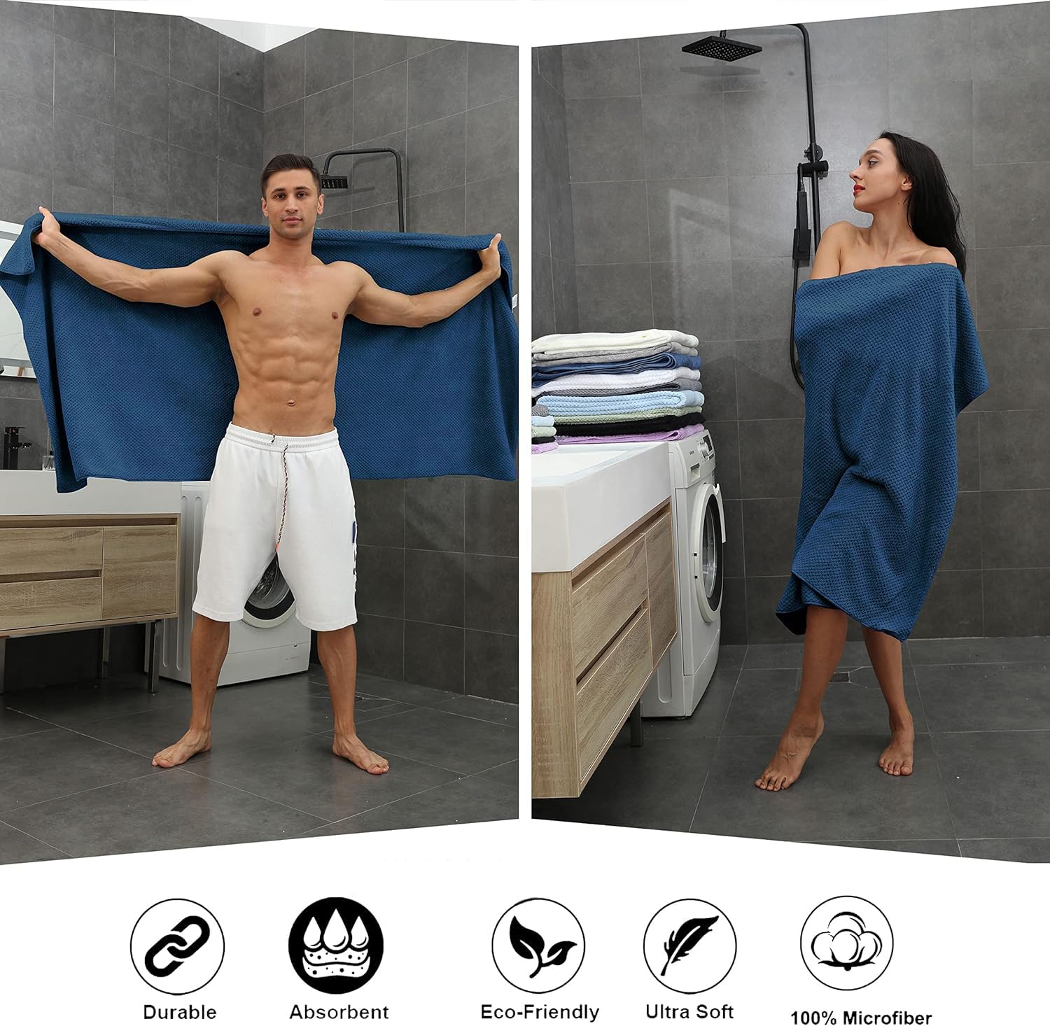 8-Piece Navy Bath Towel Set  2 Extra Large Bath Towel Sheets  2 Hand Towels and 4 Washcloths - Highly Absorbent Quick Dry Microfiber Ultra Soft Towel Set for Bathroom  Waffle Weave Design  Pack of 8