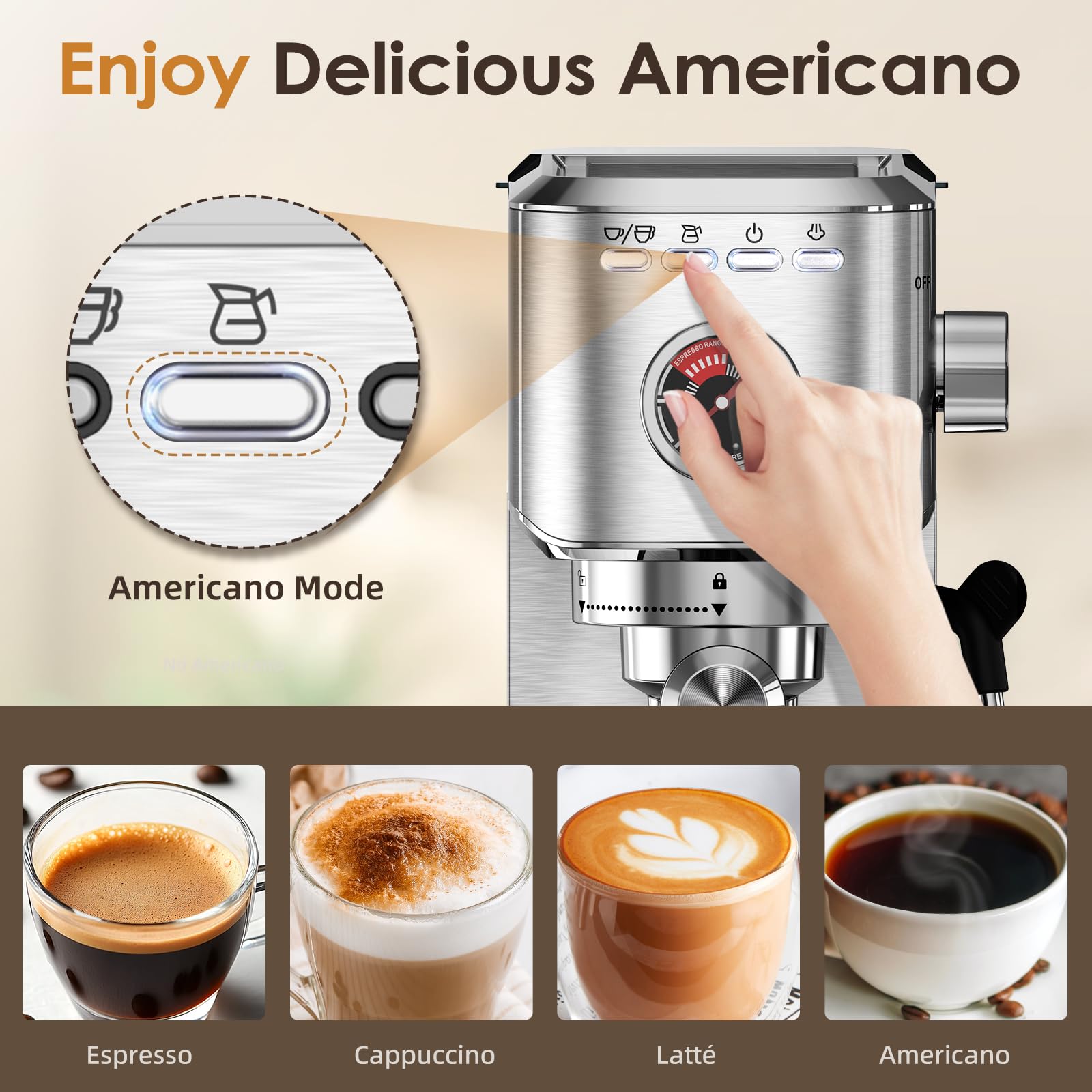 Spacekey Espresso Machine 20 Bar, Professional 1350W Espresso Maker With Milk Frother, Compact Stainless Steel Cappuccino & Latt