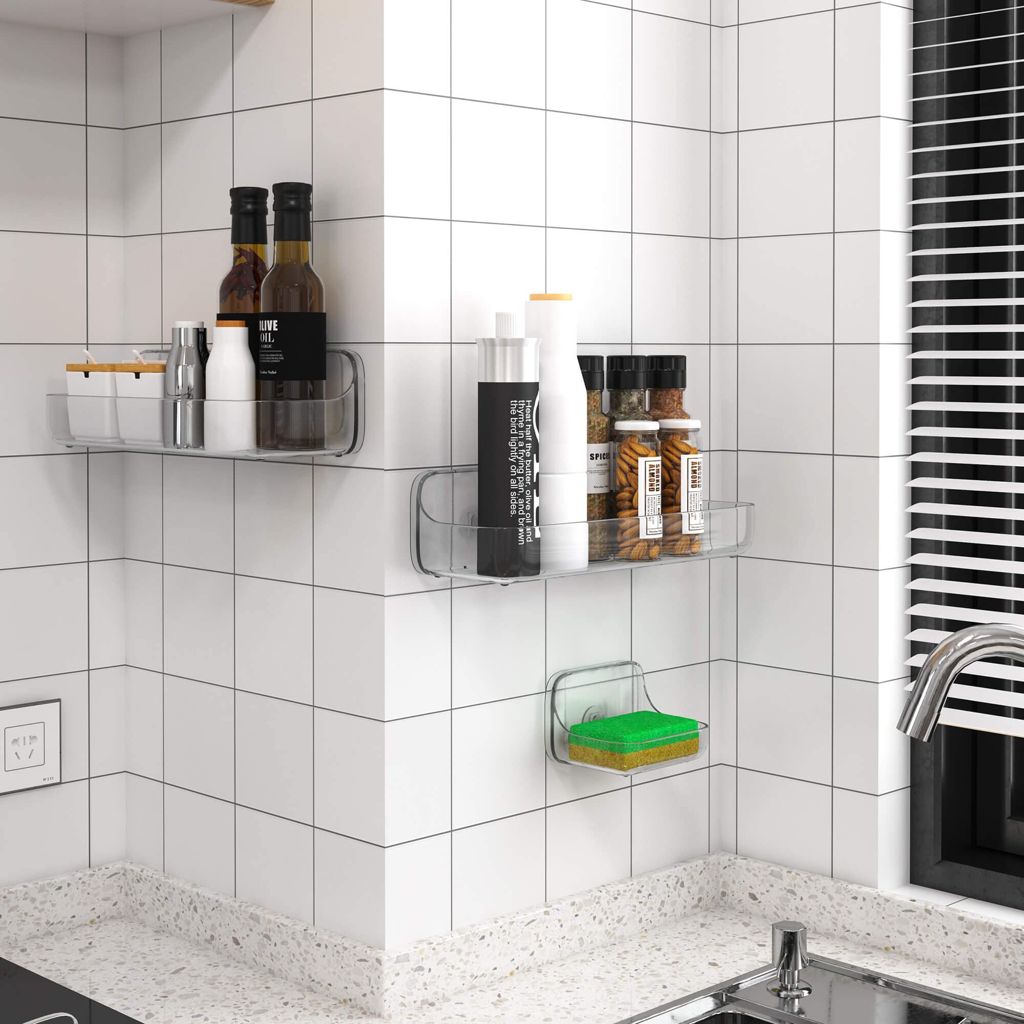 Tzamli Shower Caddy With Soap Dish, Adhesive Shower Organizer Plastic Shower Shelf Wall Mounted Shower Rack For Bathroom Storage