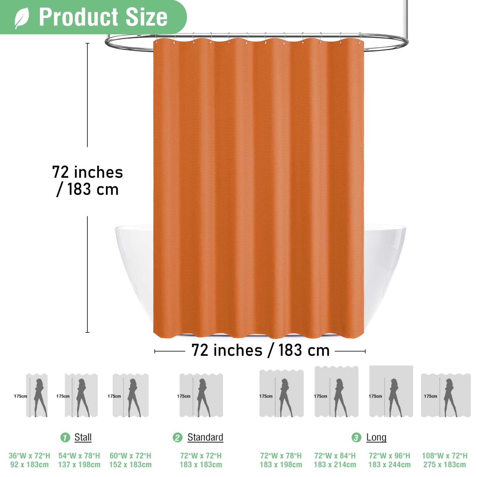 Dynamene Burnt Orange Fabric Shower Curtain - Waffle Weave Textured Heavy Duty Cloth Shower Curtains For Bathroom, 256Gsm Hotel