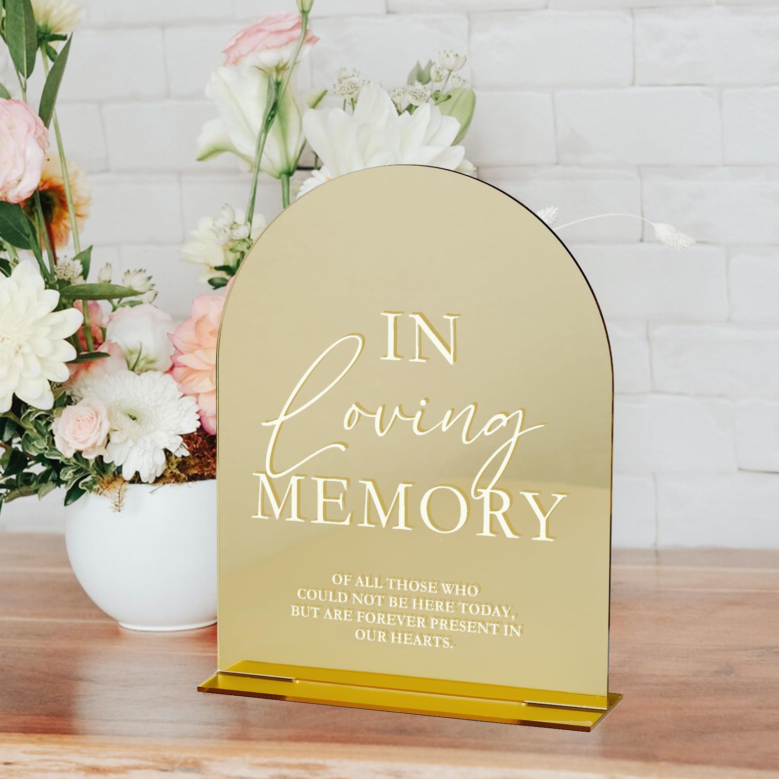 Gold Mirror Acrylic Wedding Sign with Stand- 8x10 In Loving Memory Sign and Base,1/8 Thick | Modern Calligraphy White Lettering