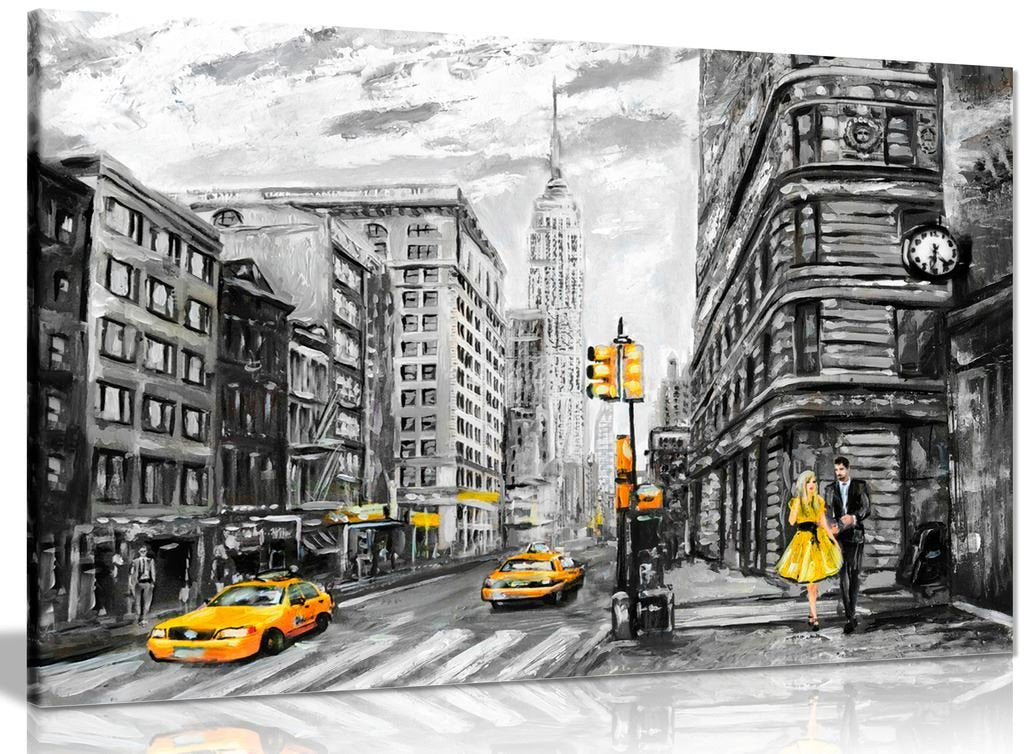 Black White Yellow New York City Oil Painting Canvas Wall Art Picture Print (30X20In)