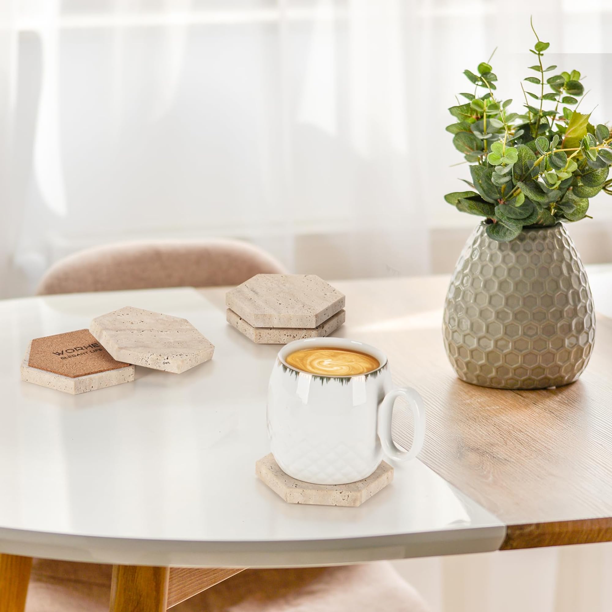 Worhe Marble Coasters Hexagon Drink Coaster Set Of 5 Natural Travertine Stone Cup Mat For Coffee Table Protection Bar Decoration