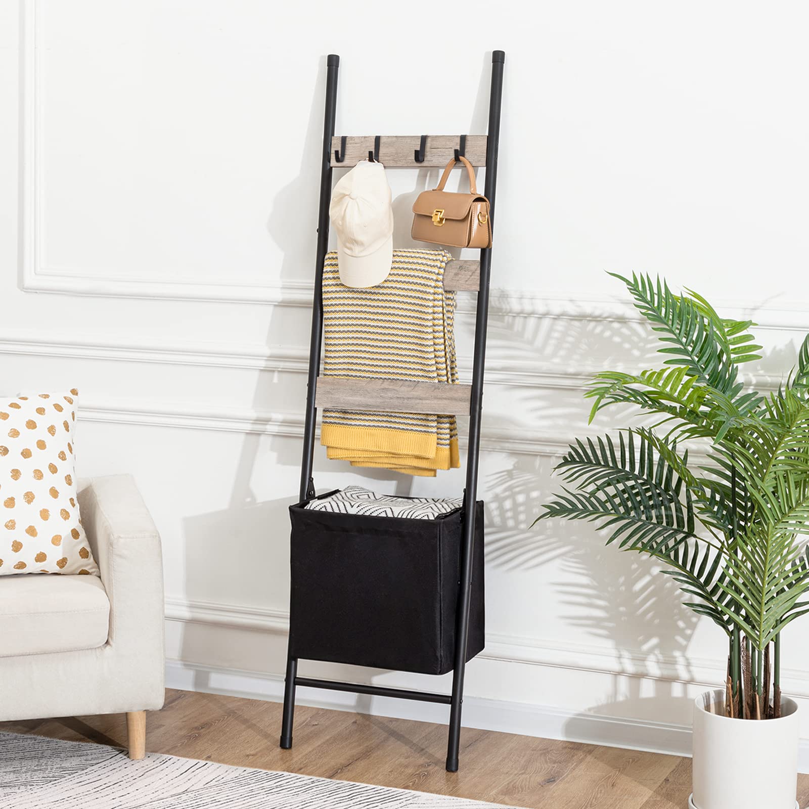 HOOBRO Blanket Ladder with Basket  17.3 L x 63.4 H  Towel Rack with Hooks  Blanket Holder Rack  Decorative Ladder Shelf  Drying and Display Rack for Bathroom  Living Room  Greige BG31CJ01