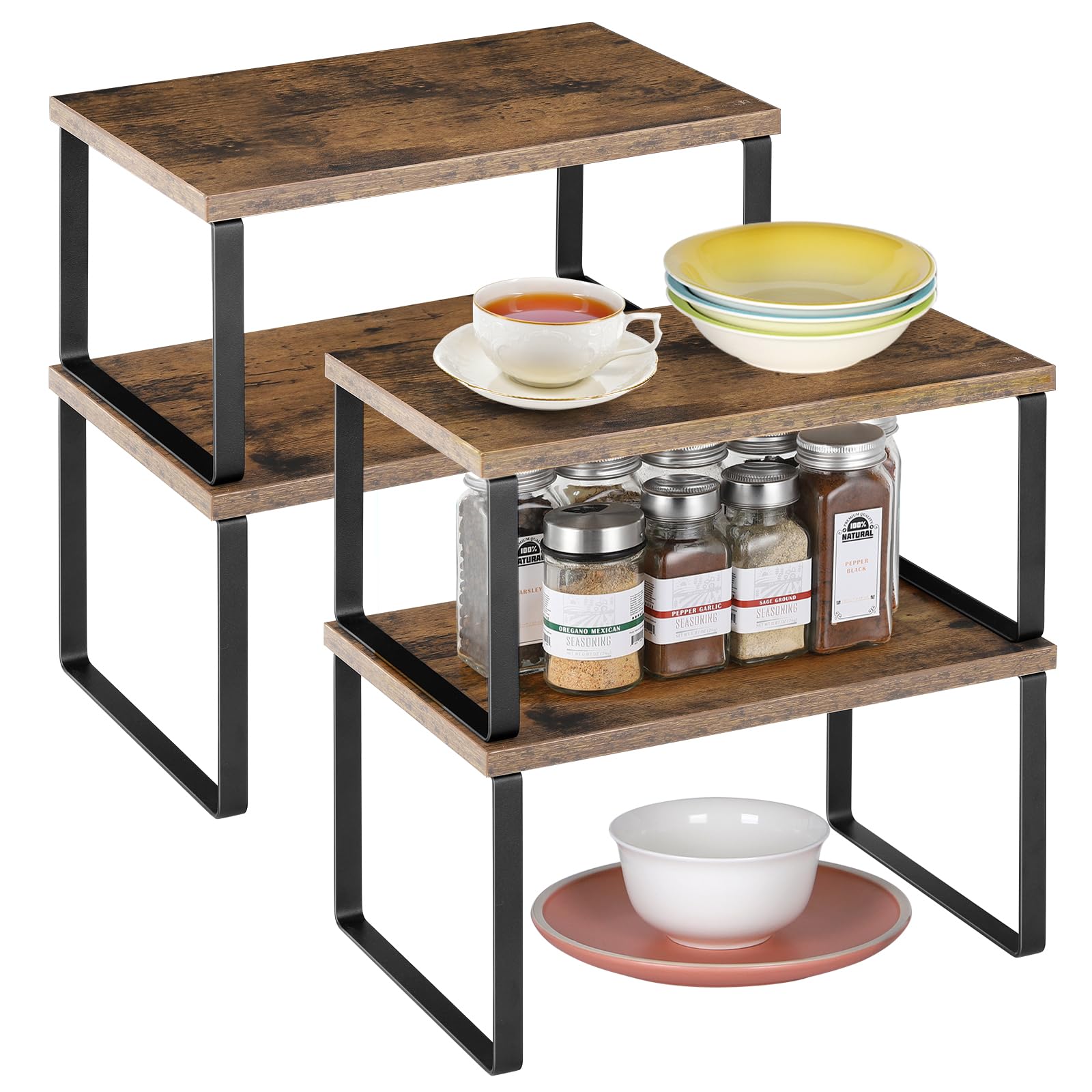 ETELI Kitchen Counter Cabinet Shelf Organizer Expandable Stackable Shelves Set of 4 Shelf Risers Small Counter Top Racks for Kit