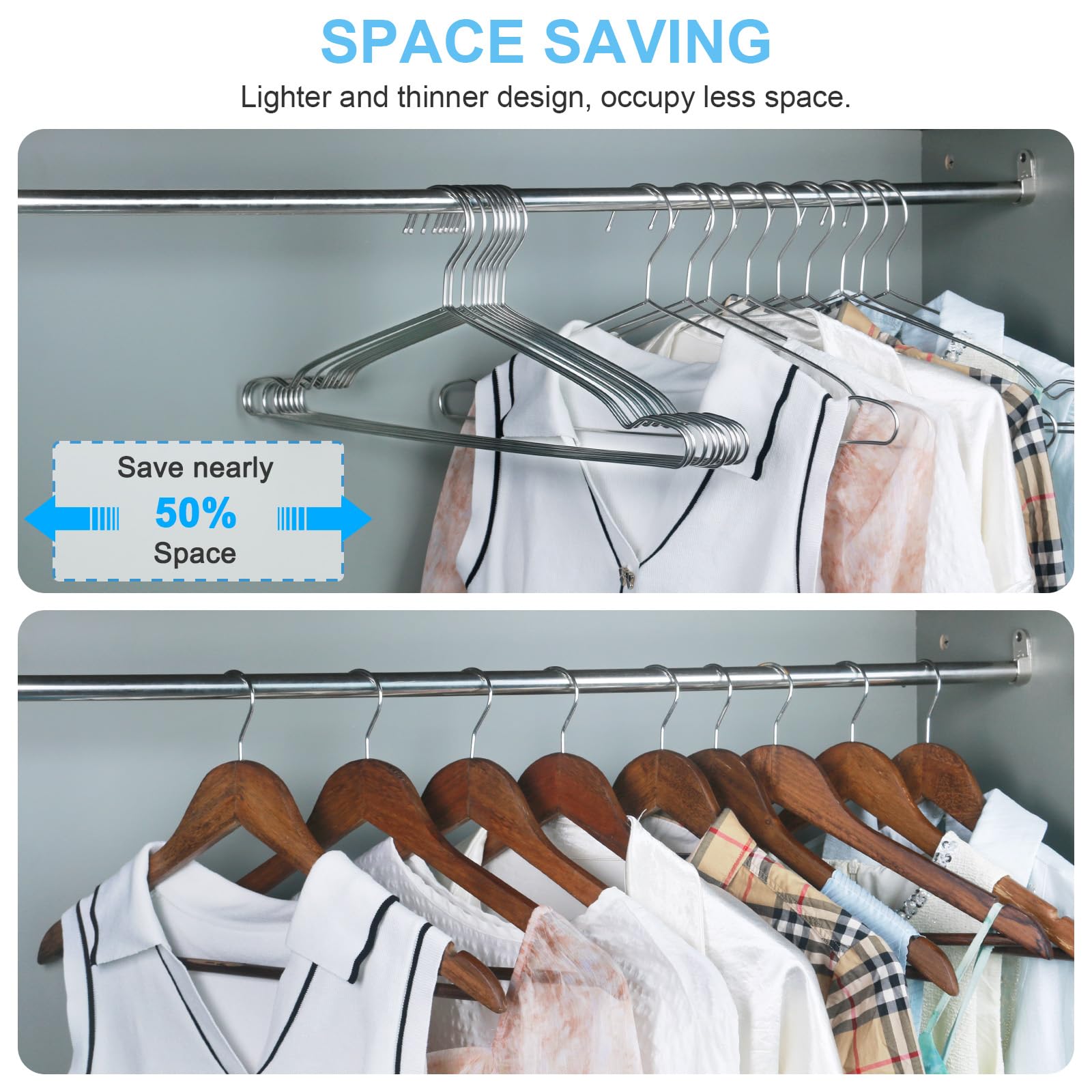 Seropy Clothes Hangers 50 Pack Coat Hangers 17.7 Inch Large Bulk Wire Hangers Non-Slip Heavy Duty Clothing Hangers Metal Hangers Space Saving Thin Hangers Stainless Steel Hanger for Clothes