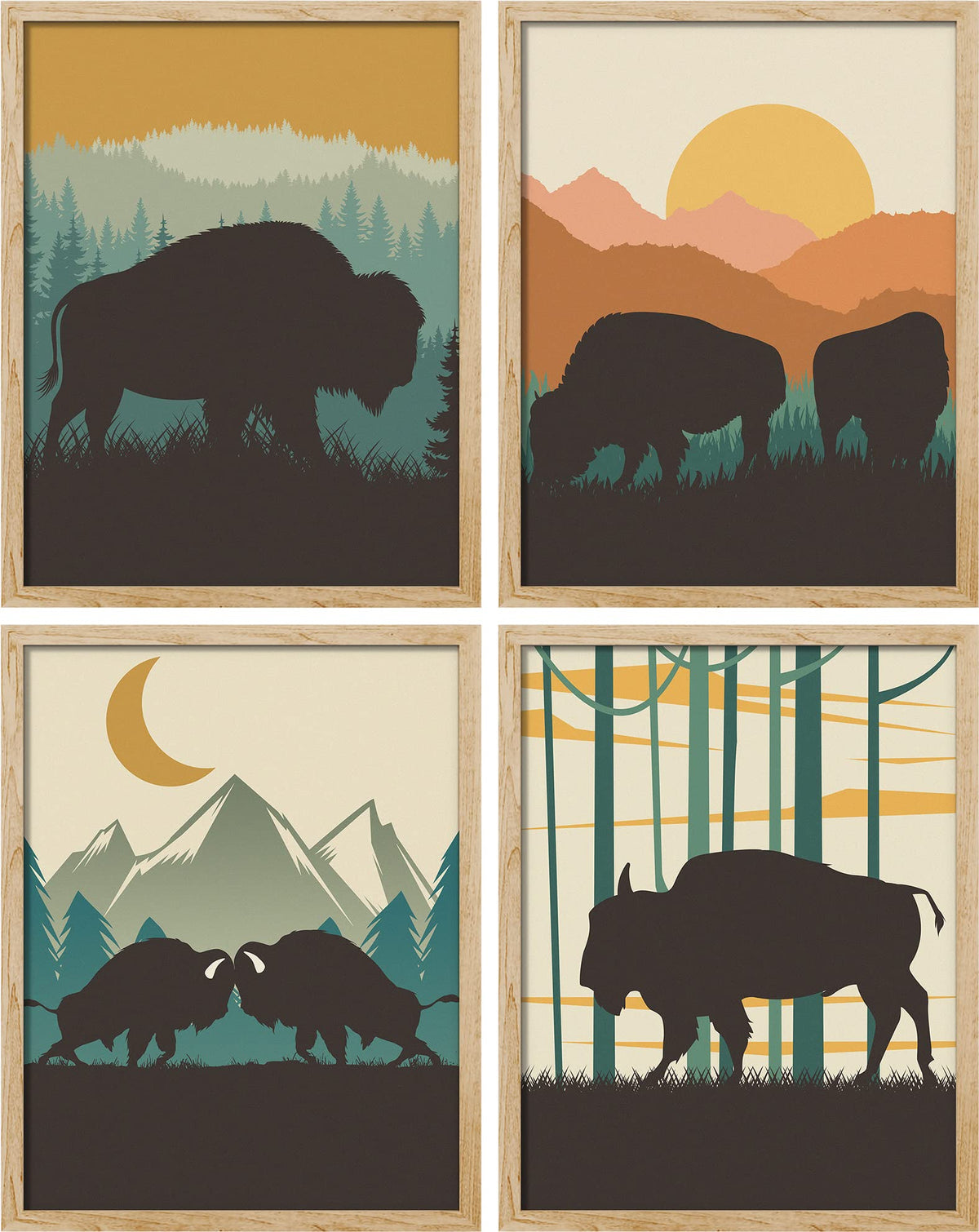 Signwin Framed Country Farmhouse Vibrant Bison Wall Art, Set Of 4 Silhouette Animals Wall Decor Prints, Wilderness Nature Wall D