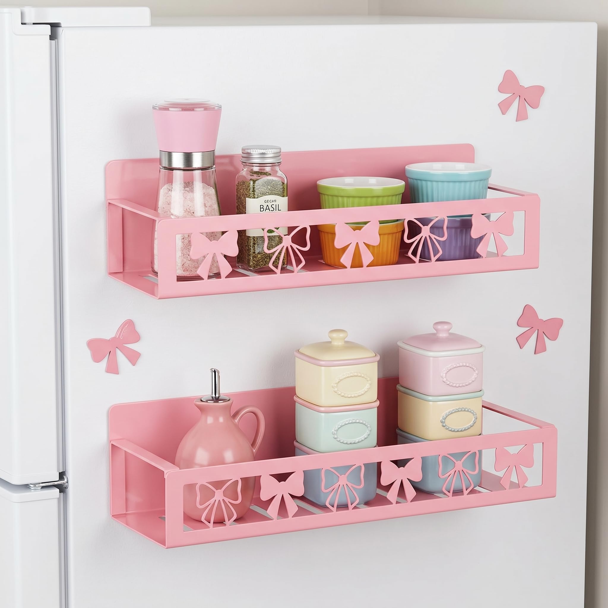 Beeveer 2 Pcs Magnetic Spice Rack for Refrigerator, Pink Bow