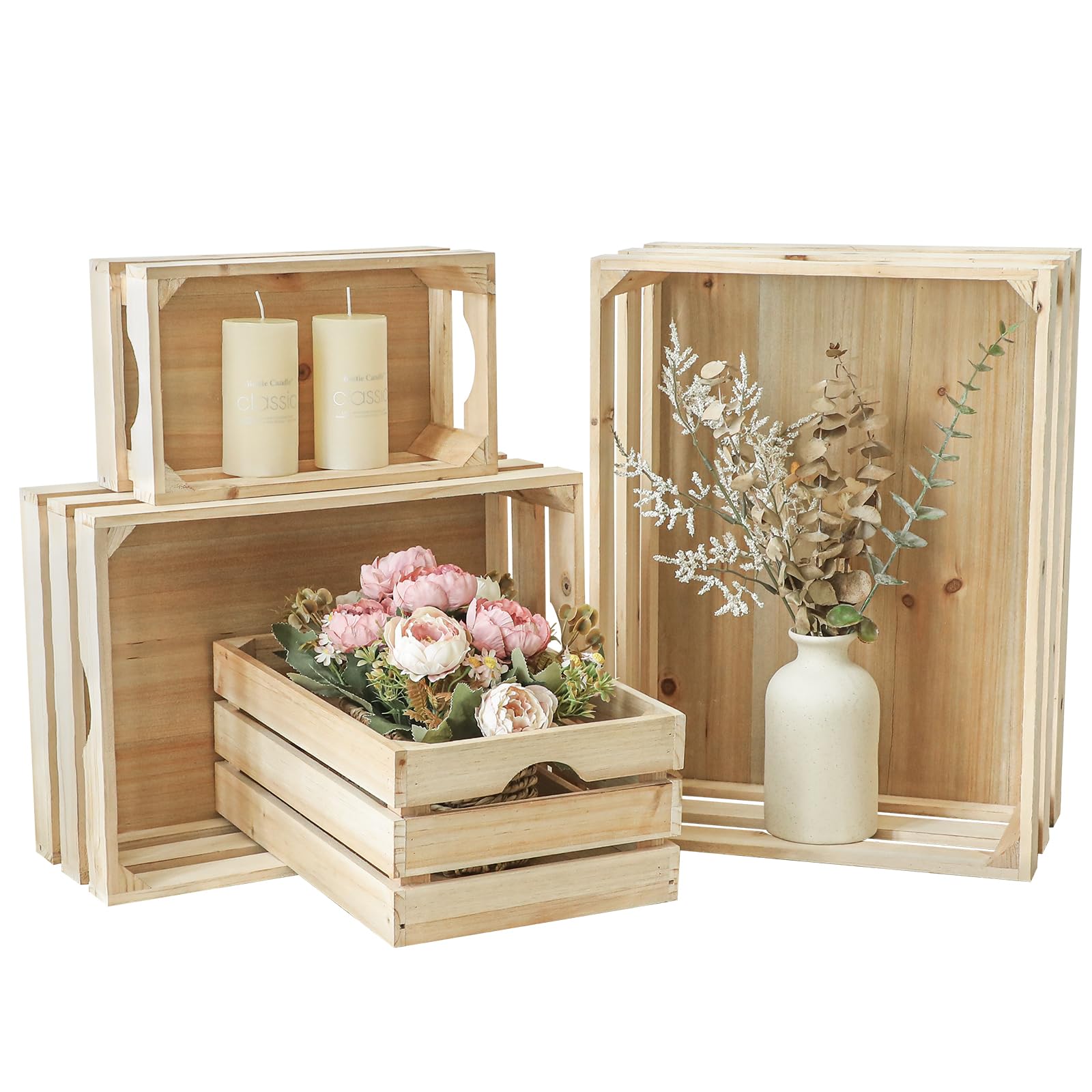 JUMBO HUMBLE Large Wooden Crates Unfinished Set of 4 Storage Crates, Decorative Wood Storage Crates for Display Rustic, Nesting 