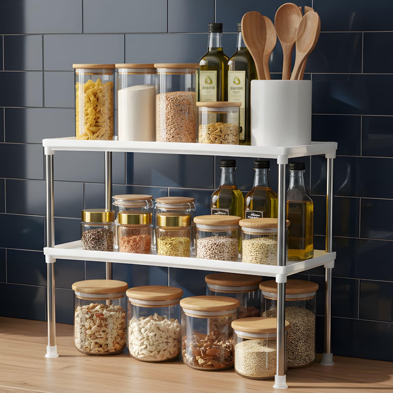 Satpurush 2 Tier Kitchen Organizer Rack Countertop Shelf, Space Saving Kitchen Rack For Spice Jars Oil Bottles And Containers, M