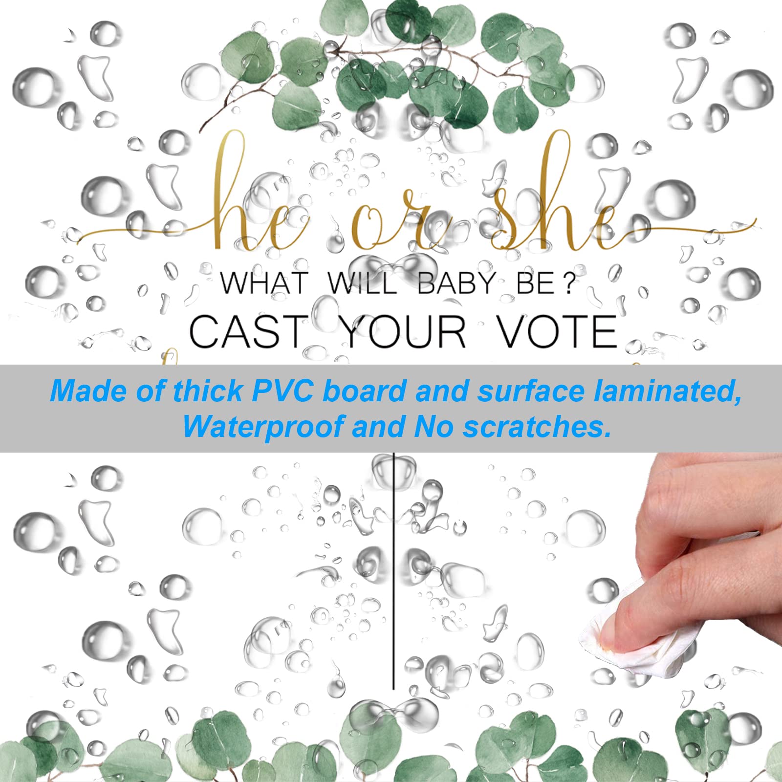 Greenery Baby Gender Reveal Board With Stand(12X17), 60 Eucalyptus Leaf Boy Girl Voting Stickers,He Or She, Cast Your Vote Game,