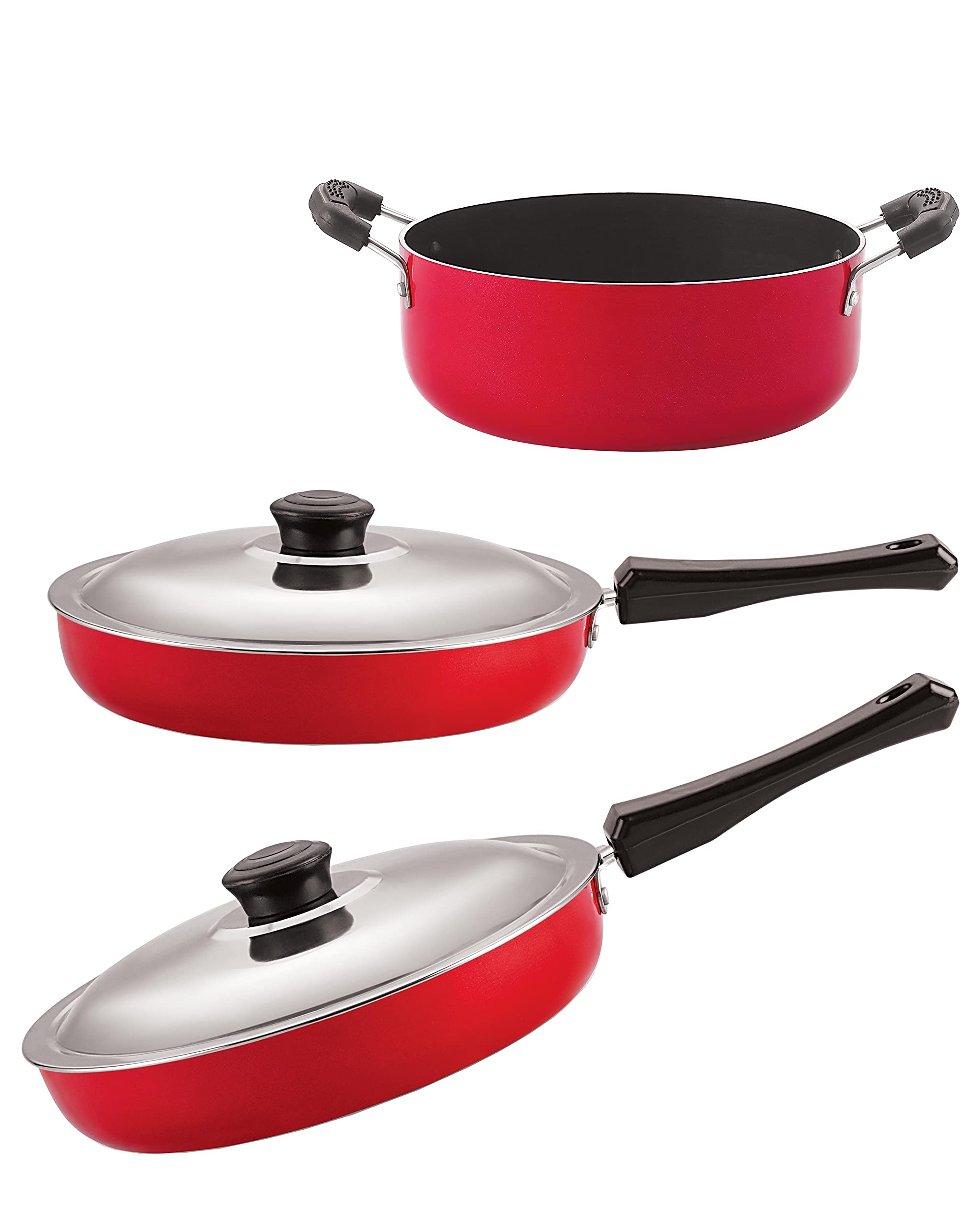 Nirlon NonStick Aluminium Cookware Set Of 3 Pieces Red Color (Fp11_Fp12_Cs24)