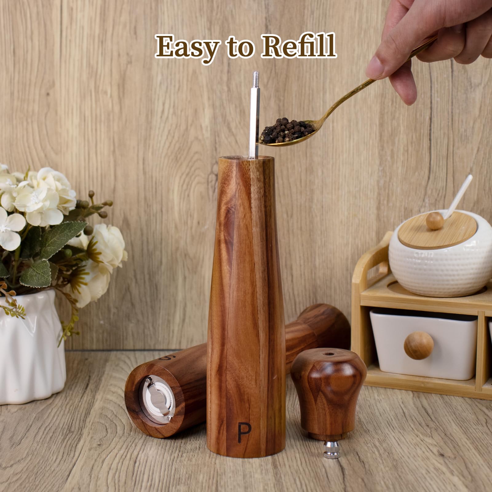 2 Pack 10 Inch Acacia Wooden Salt and Pepper Grinder Set, Manual Salt and Pepper Mills, Salt Grinder Refillable with Adjustable