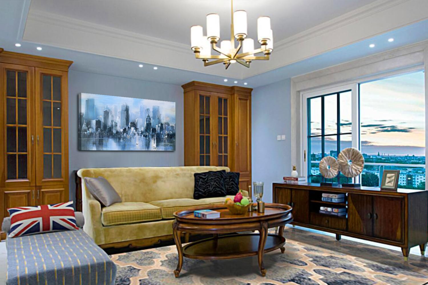 Acocifi New York City Canvas Wall Art Abstract Cityscape Brooklyn Bridge Painting  Skyline Picture Sailboat Blue Print Textured Artwork Framed for Living Room Bedroom Kitchen Office Home Decor 60''x30''