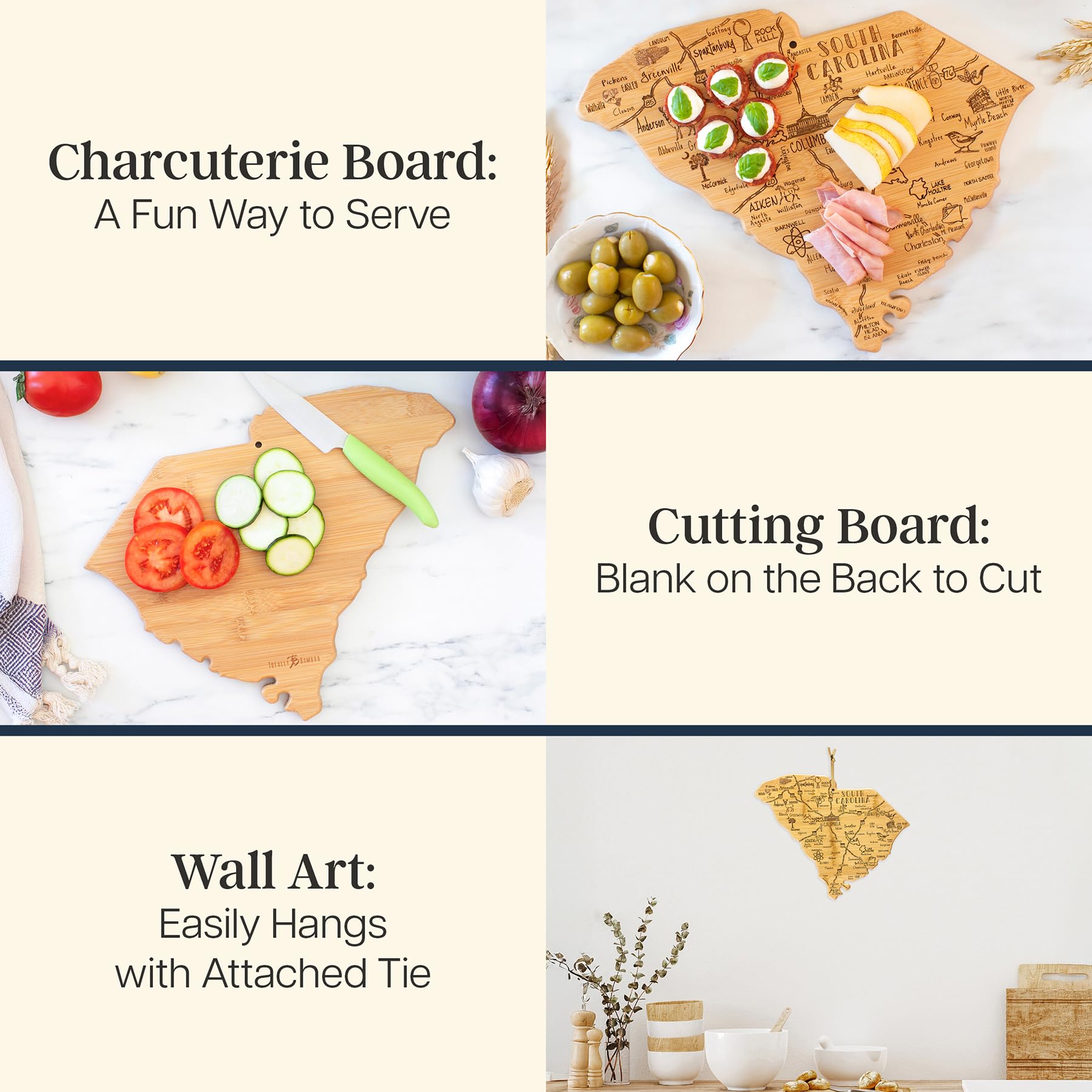 Totally Bamboo Destination South Carolina State Shaped Cutting Board, Charcuterie and Cheese Serving Board - South Carolina Gift