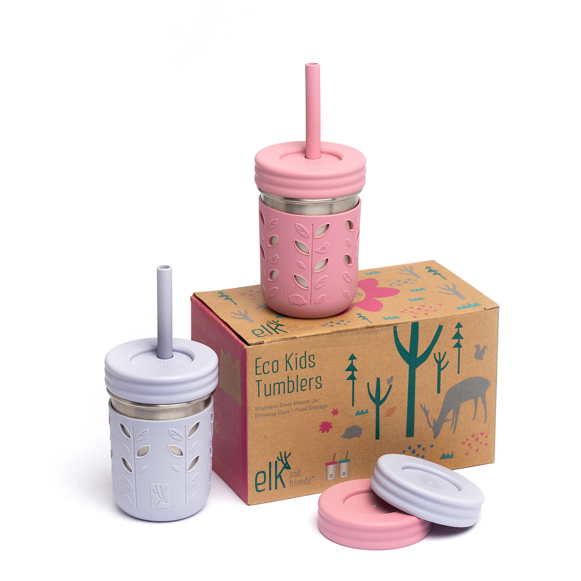 Elk And Friends Stainless Steel Cups | Mason Jar 10Oz | Kids & Toddler Cups With Silicone Sleeves & Straws With Stopper | Spill
