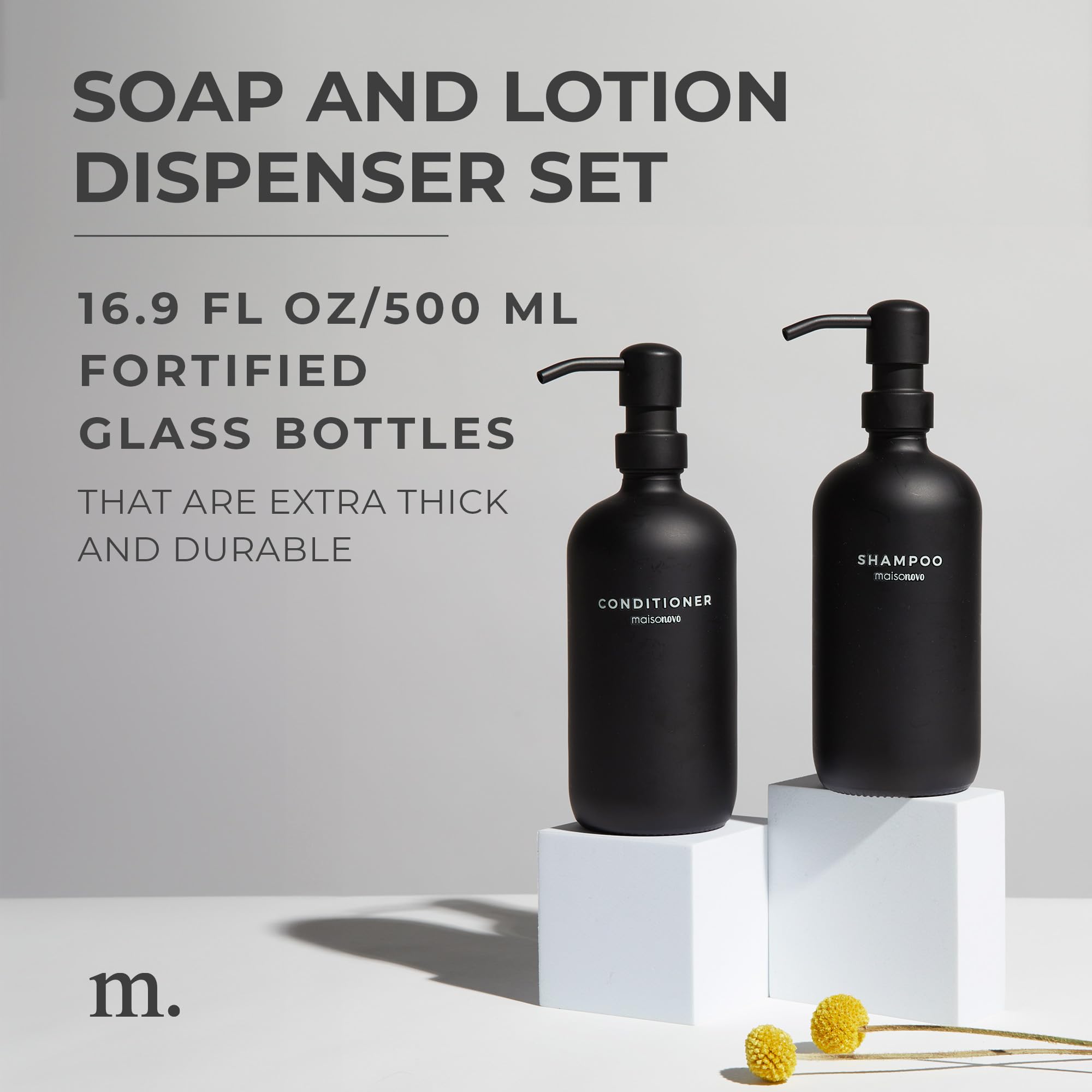 Maisonovo Black Hand Soap Dispenser For Bathroom Set | 16.9 Fl Oz Black Glass Black Pump X 2