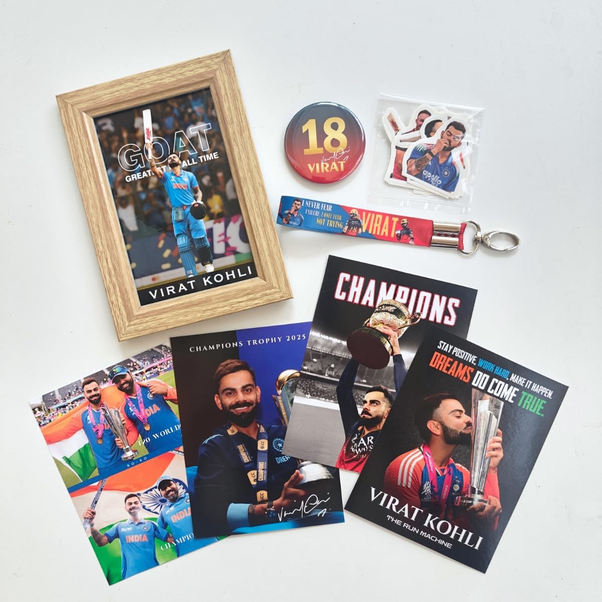 Tenorarts Virat Kohli Gift Box Merchandise - 5X7 Inches Laminated Photo Frame,1 Virat Keychain, 1 Badge, 4 4X6 Inches Posters, S