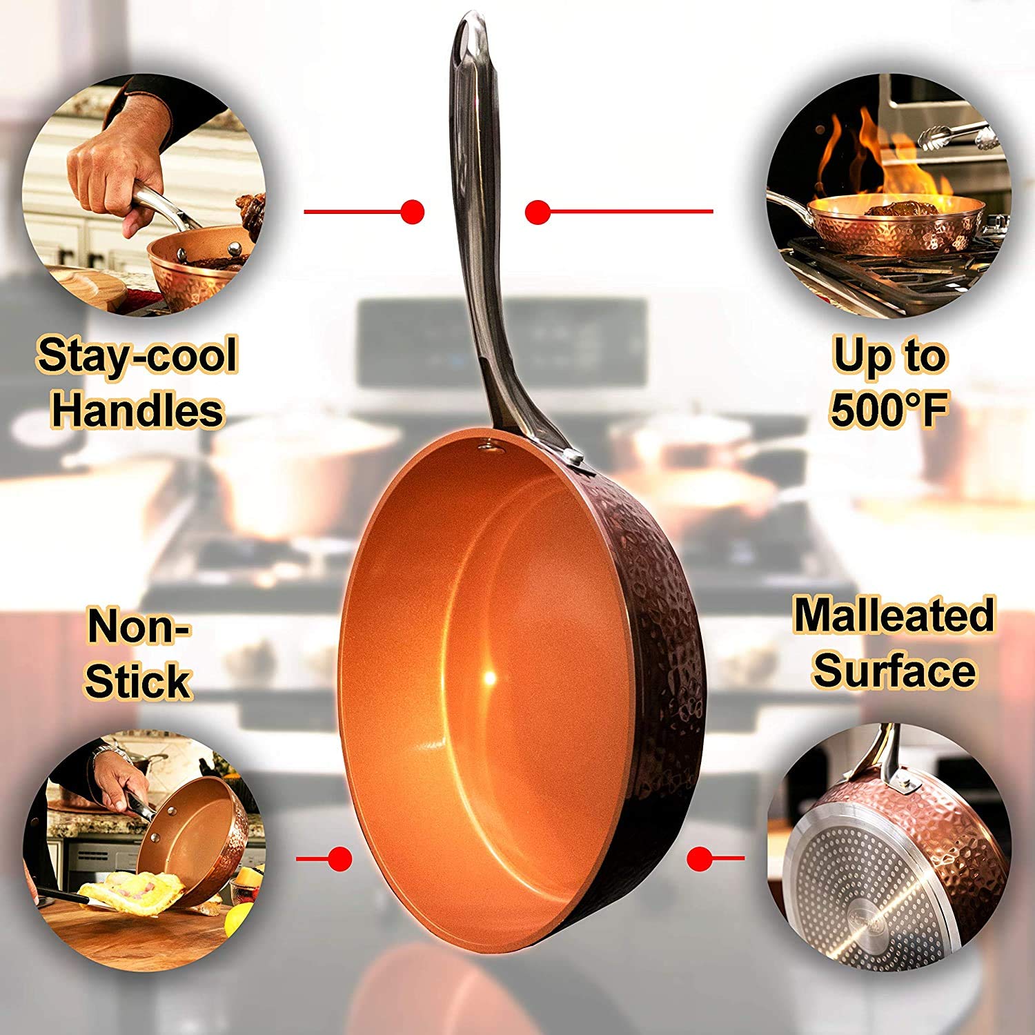 Gotham Steel 9.5'' Hammered Pan With Tempered Glass Lid And Cool Touch Handles, Ultra Nonstick Fry Pan, Scratch Resistant Dishwa