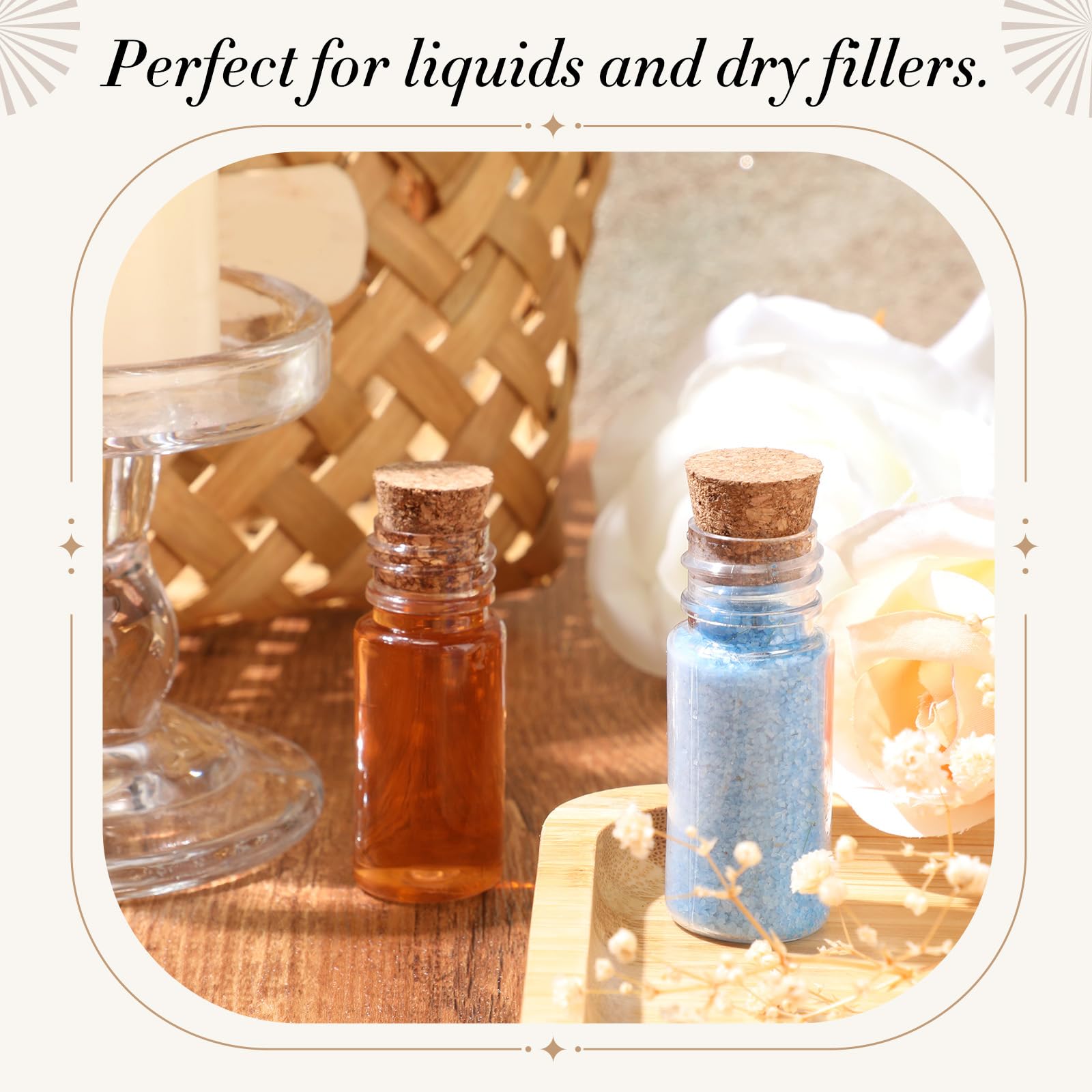 Bokon 100 Packs Mini Plastic Bottles with Corks Stoppers Eye Screws Funnels Small Potion Bottles Tiny Clear Sand Art Jar Wishing