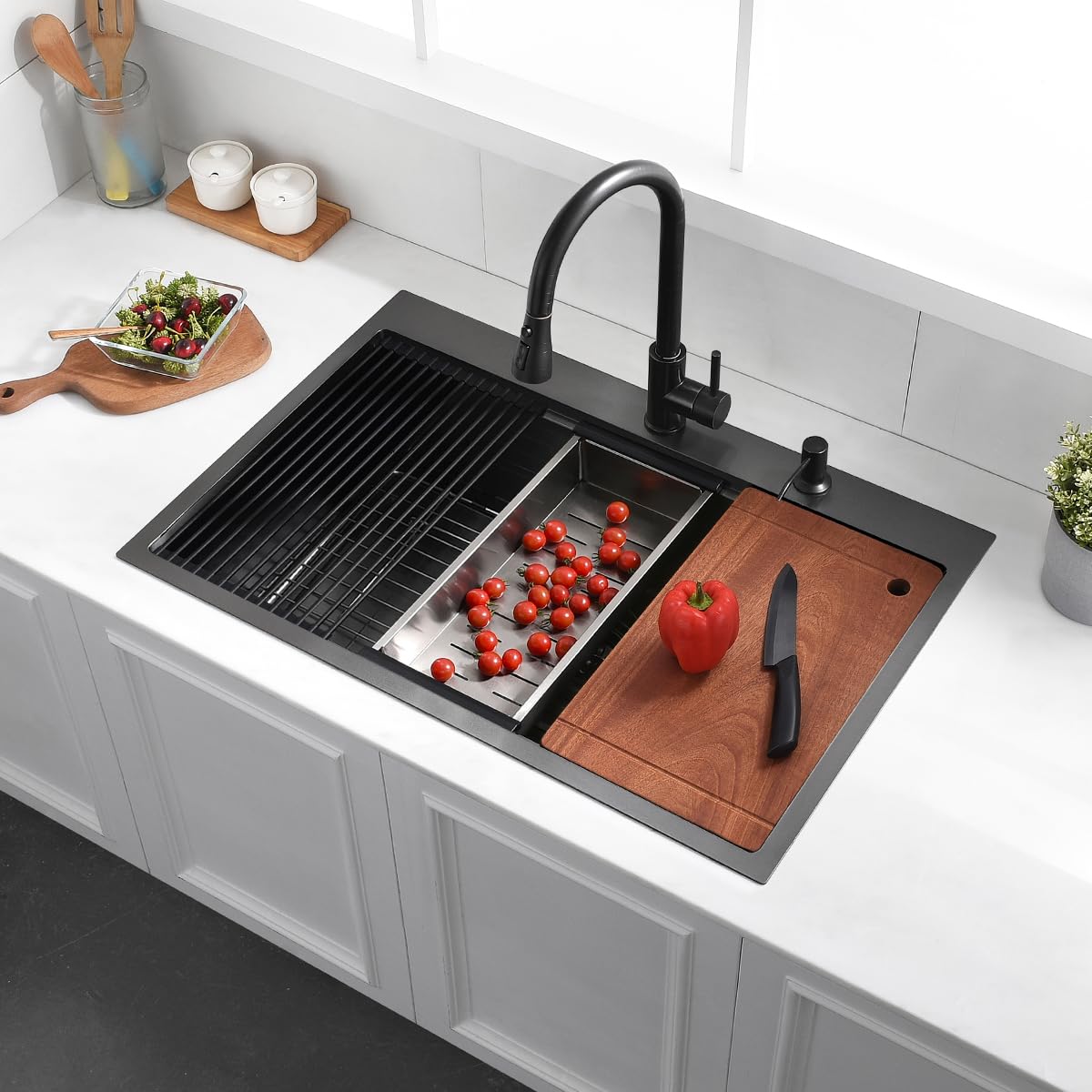 33 Drop In Black Workstation Kitchen Sink, Luckyhorse 33X22 16 Gauge Gunmetal Black Stainless Steel Sink Drop In Workstation Kit