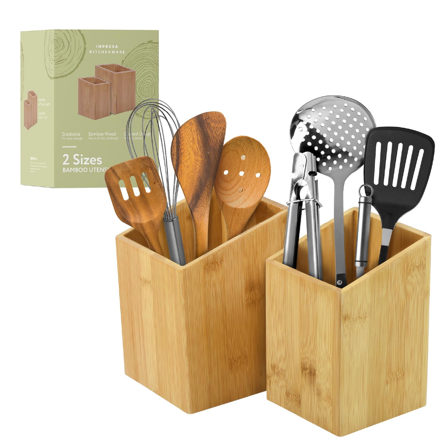 Impresa [2 Pack] Bamboo Utensil Holder For Clutter-Free Kitchen - Stylish Kitchen Utensil Crock For Elegant Display And Storage