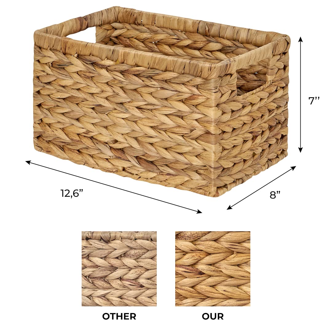 Barien Set Of 6 Natural Water Hyacinth Woven Storage Baskets 12.6    X 8    X 7   , Rectangular Wicker Basket With Built-In Hand