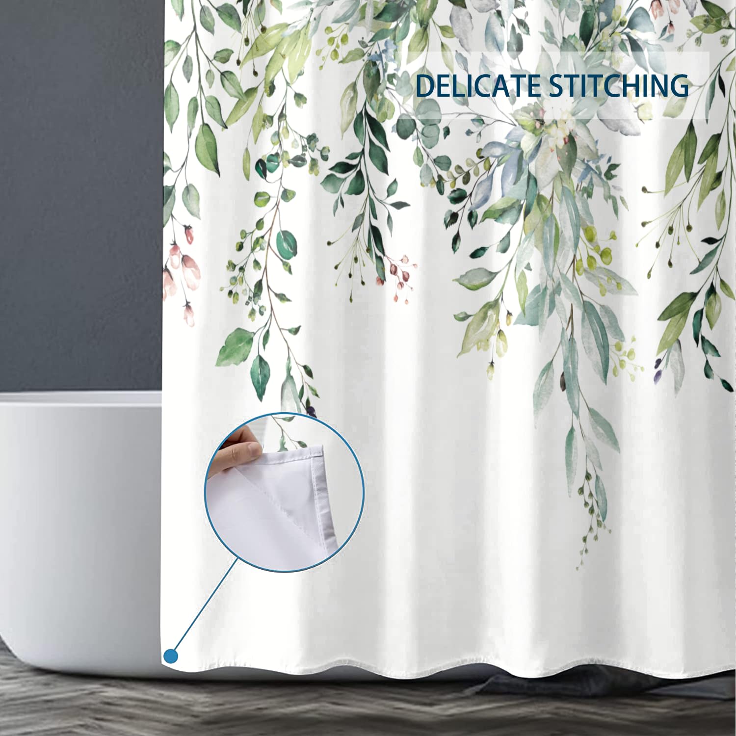Bivinar Green Eucalyptus Leaves Shower Curtain, Watercolor Plant Floral Bathroom Shower Curtain, Fabric Waterproof Botanical Sho