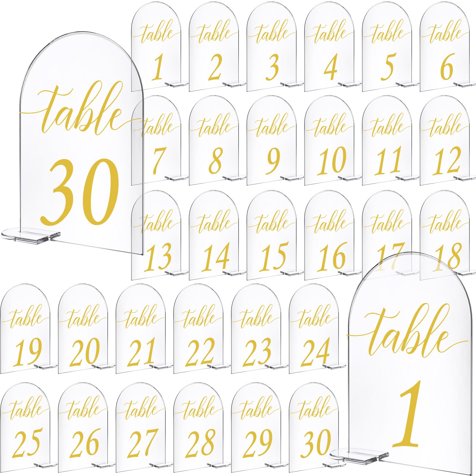 30 Sets Arch Acrylic Sign Gold Printed 1-30 Table Signs with Stands Calligraphy Clear Table Number Display Stand for Wedding Rec